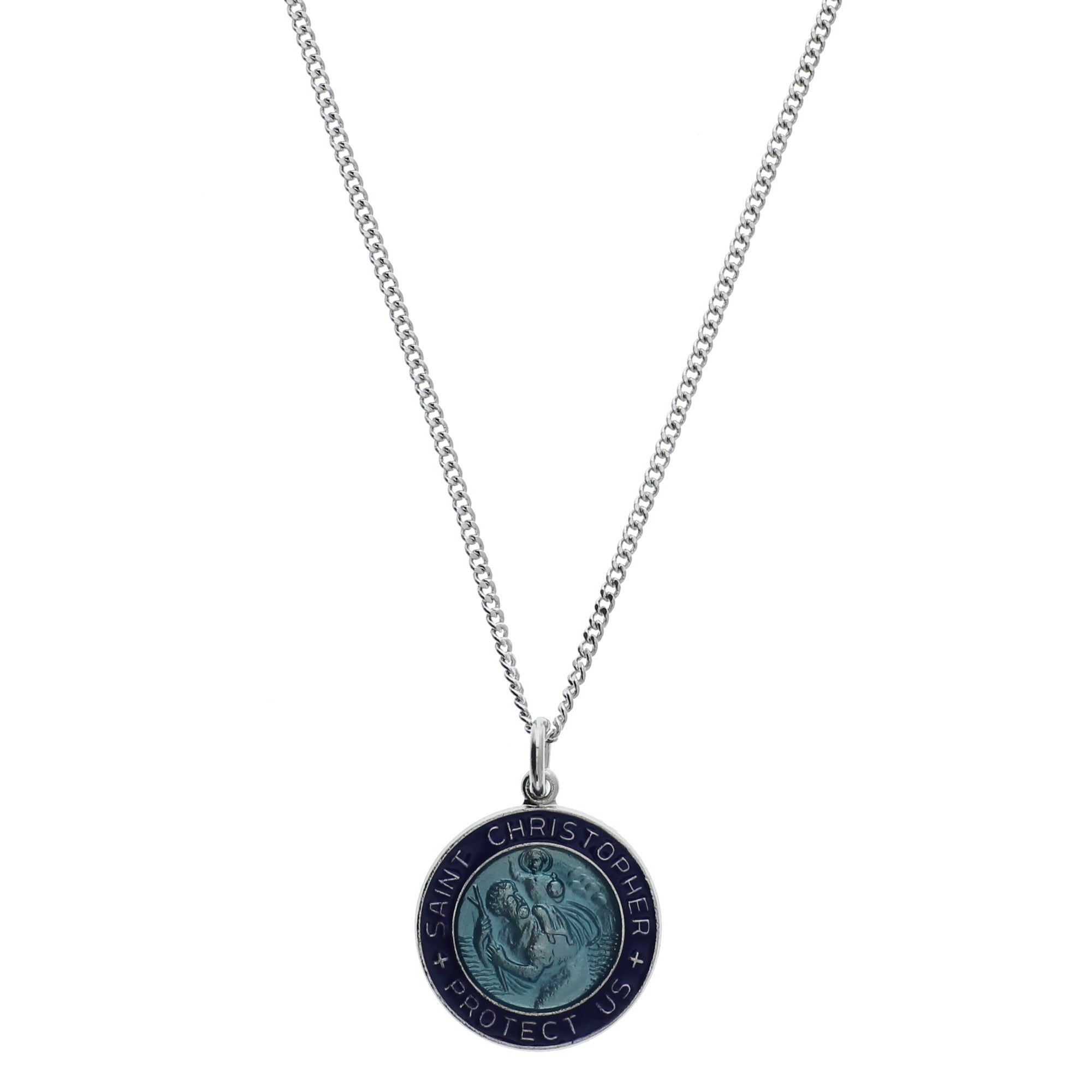 Sterling Silver St. Christopher Blue Medal on 18 inch chain