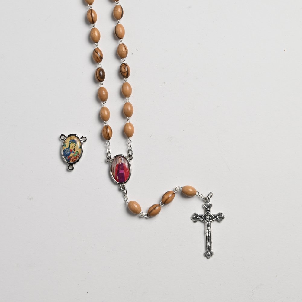Holy Land Olive Wood Bl. Fulton Sheen Rosary with Full Color Centerpiece