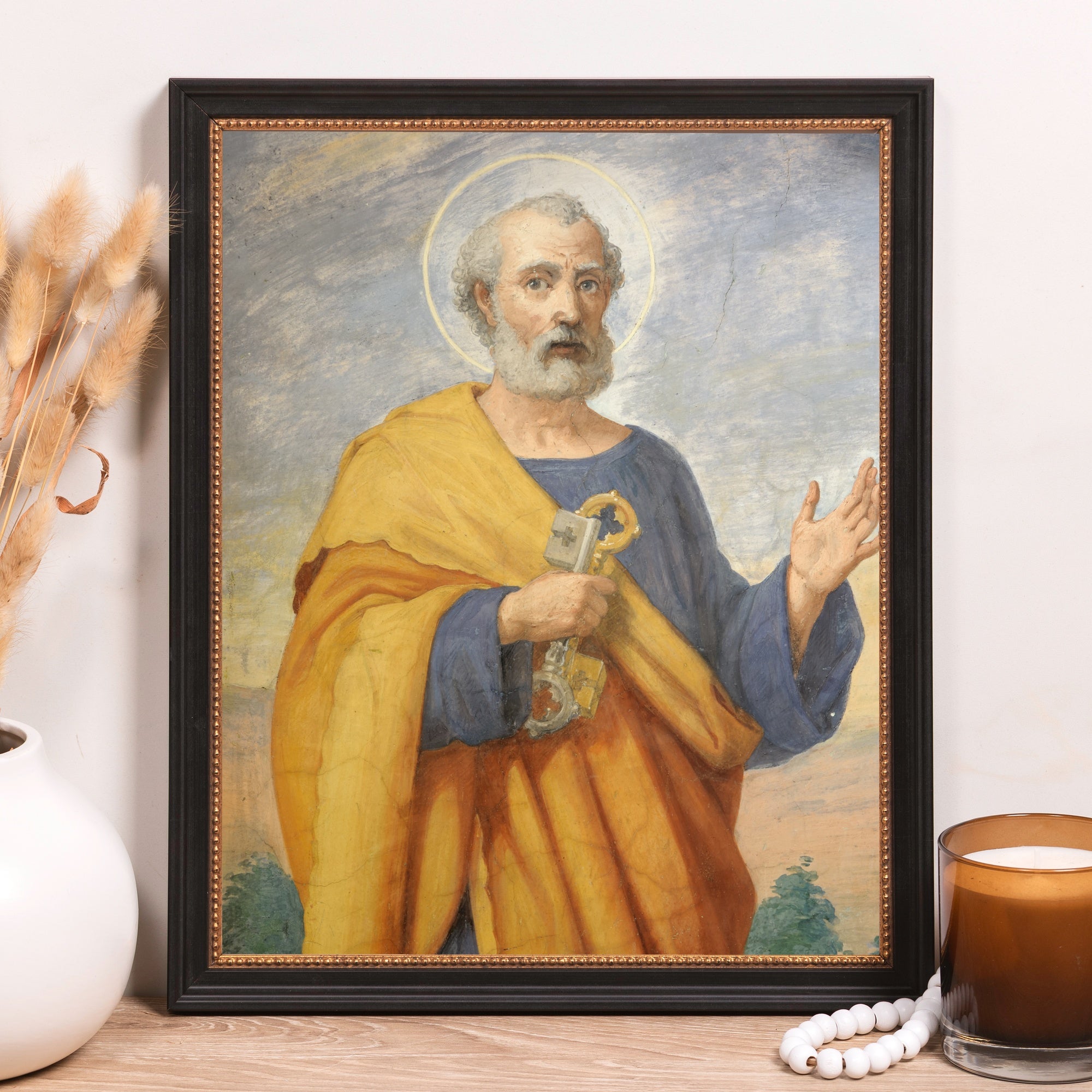 Framed art print of Saint Peter holding keys, oil painting style with gold halo and black frame.