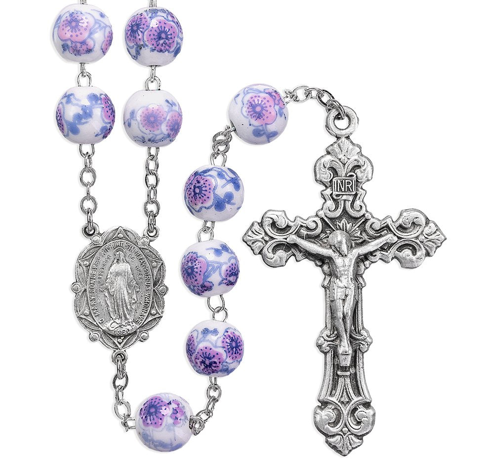 White & Violet Flower Bead New England Pewter Rosary