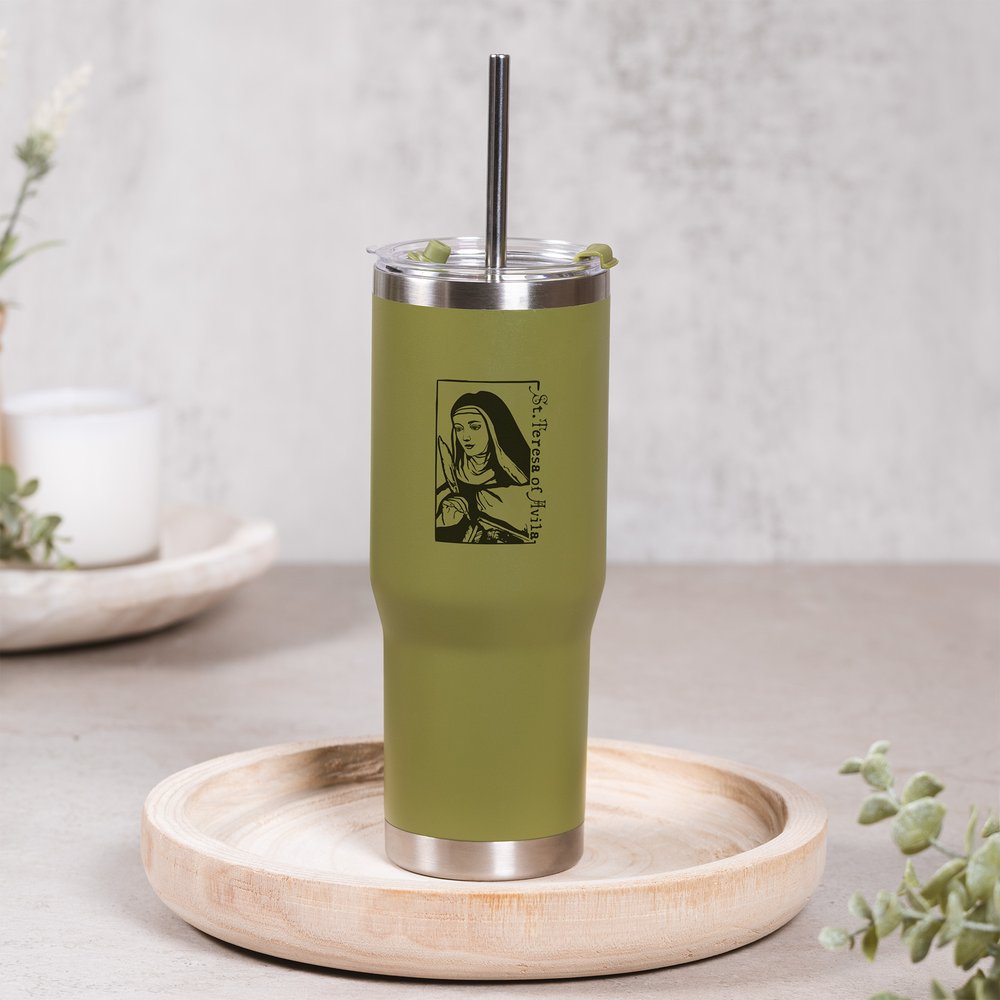 Green St. Teresa Avila Stainless Steel Tumbler with Straw