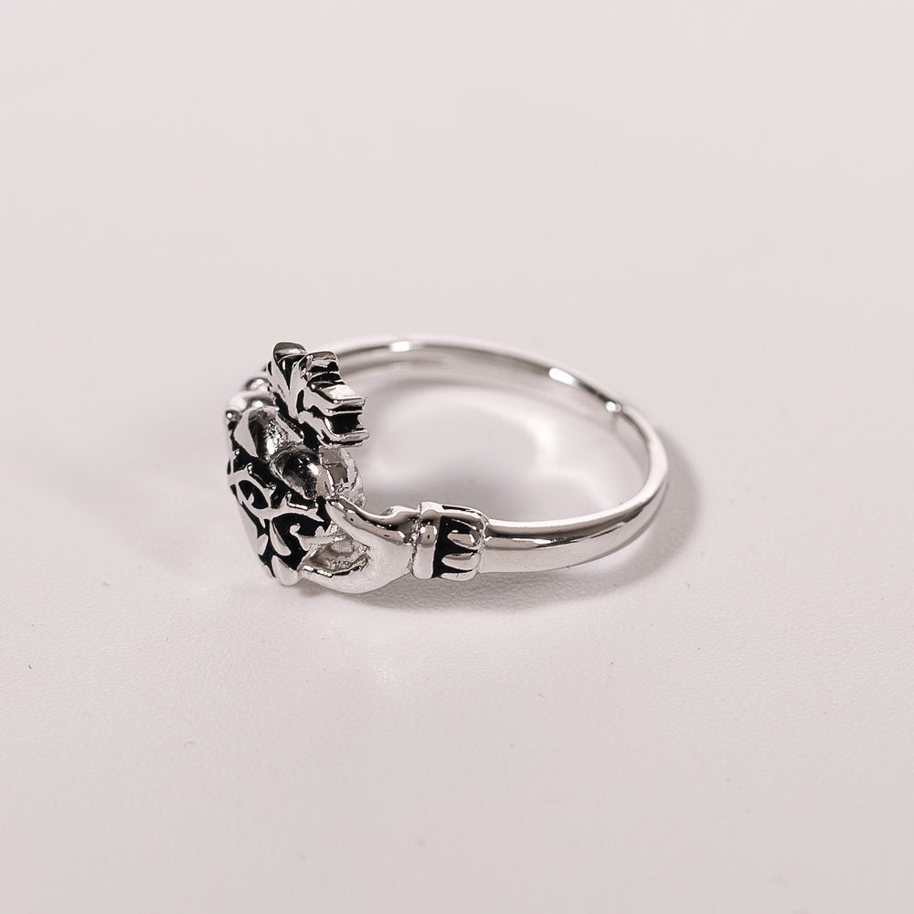 Silver Sacred Heart Claddagh Adjustable Ring
