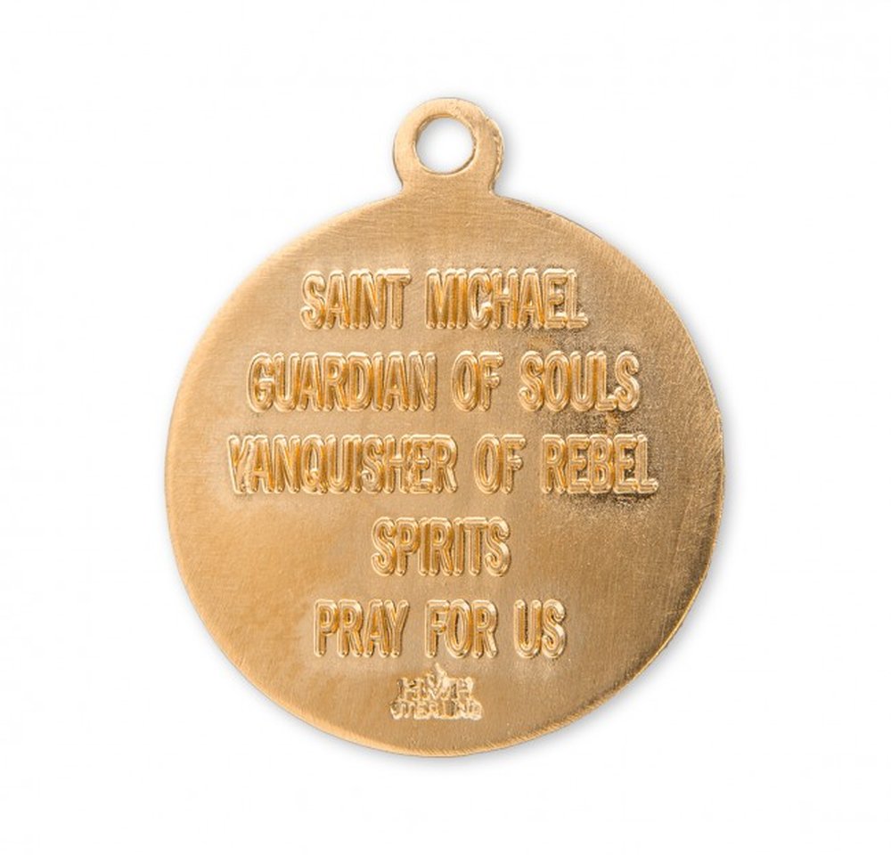 Gold Saint Michael medal with embossed prayer text for protection, round style.