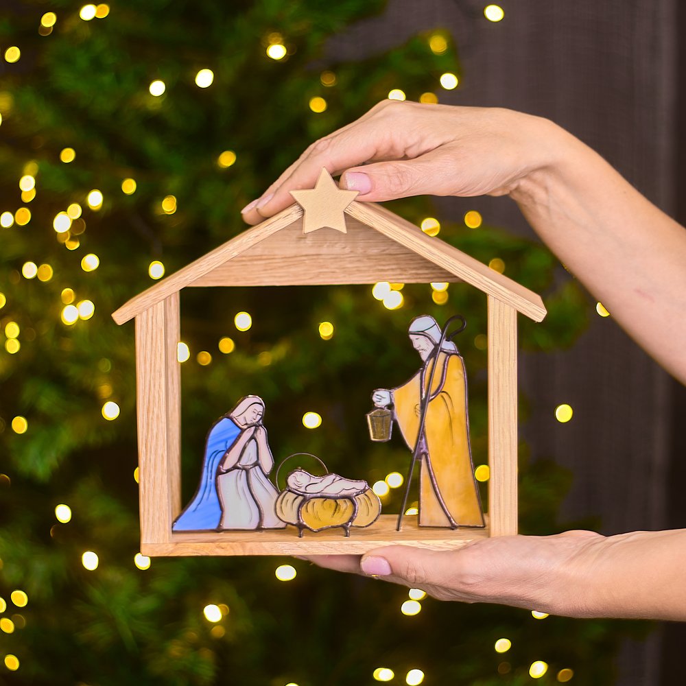 Handcrafted Stained Glass Nativity Scene with Wooden Stable