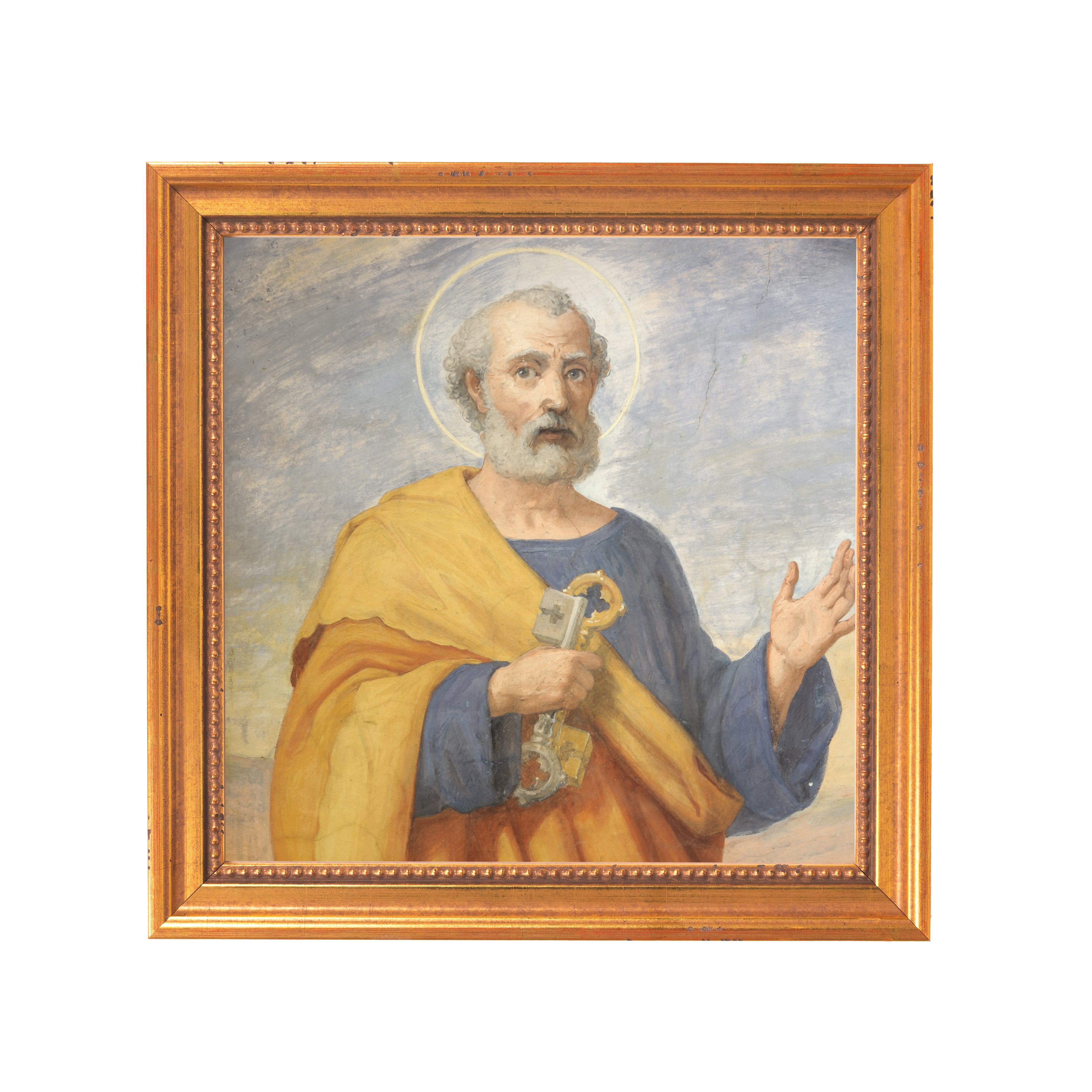 Framed oil painting of St. Peter in a gold frame, holding keys.