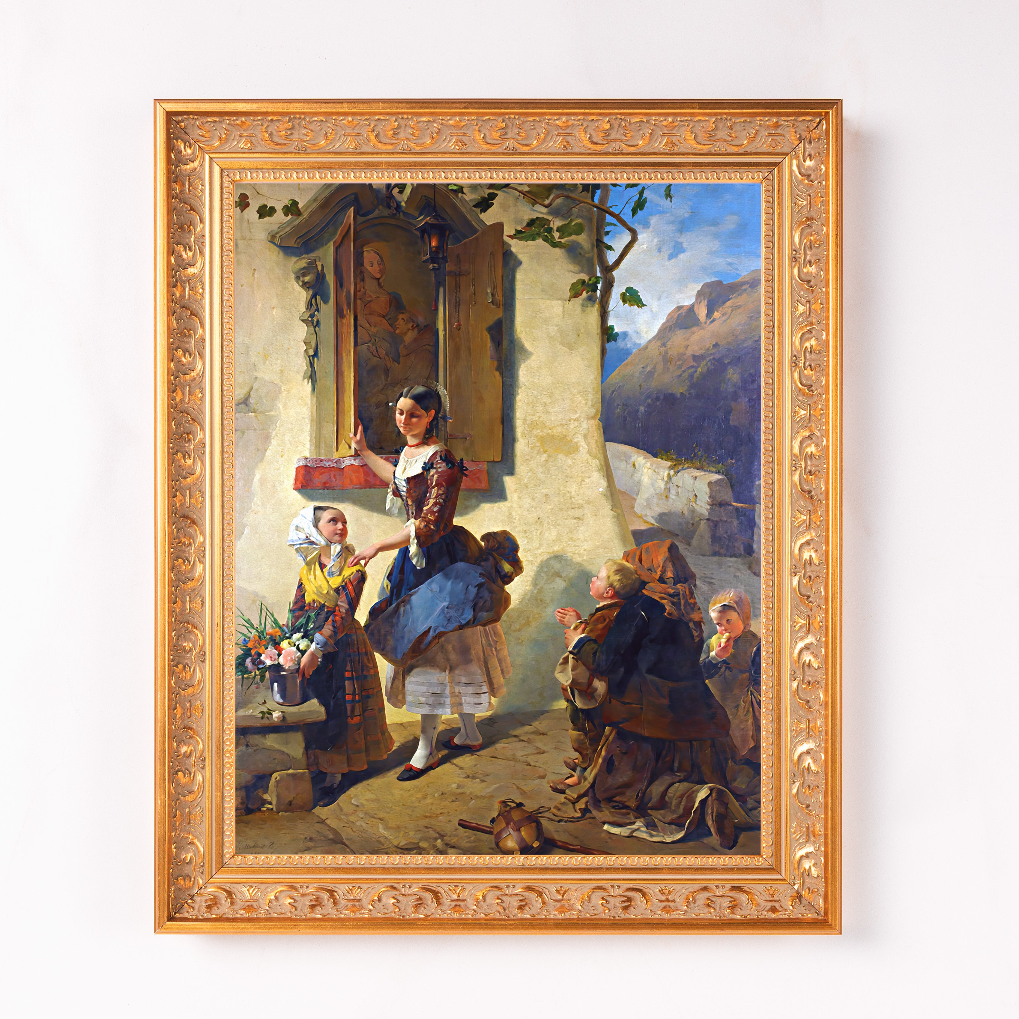 Framed, Oil painting of a fair-skinned lady at a window surrounded by children, landscape in the background, gold frame.
