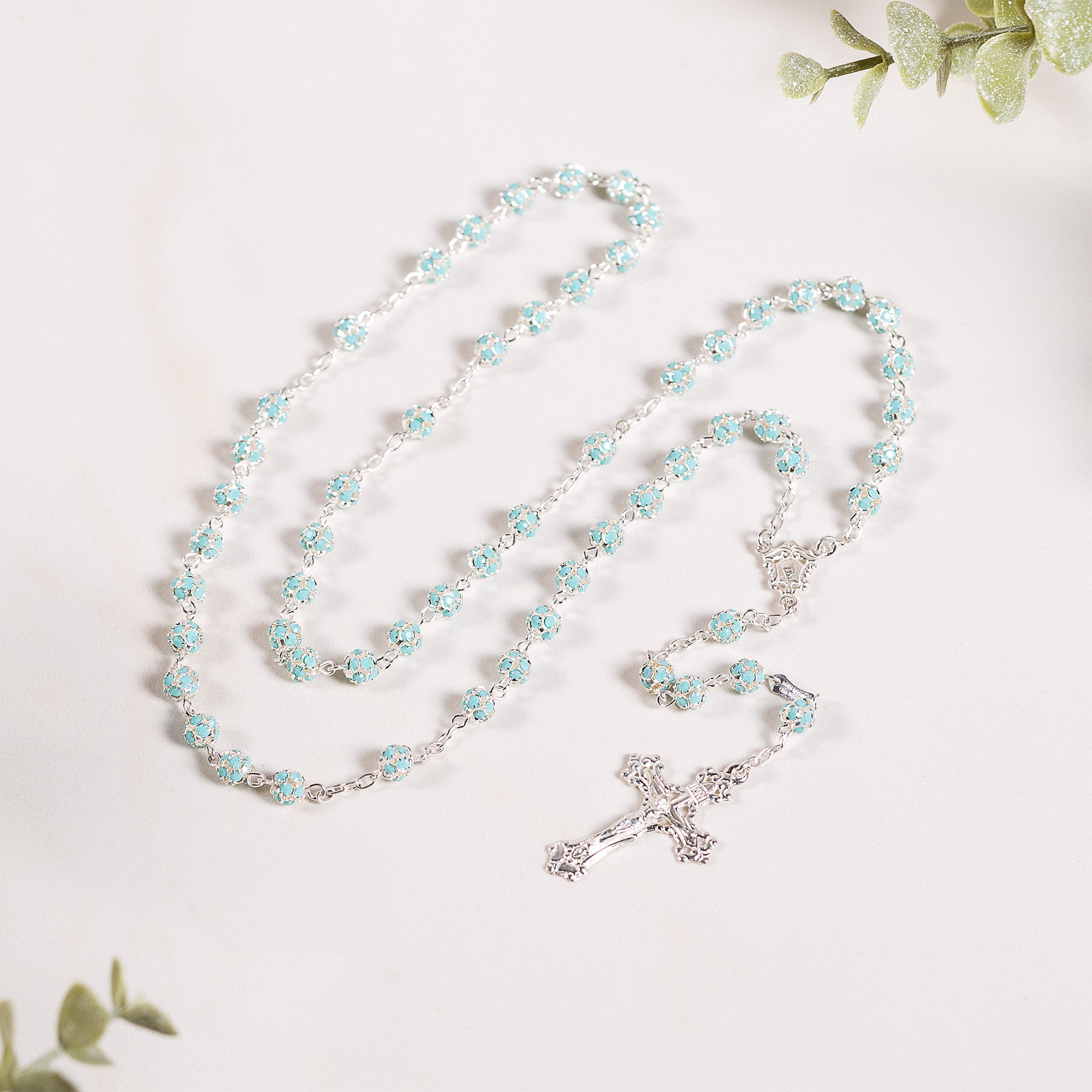 Italian Sterling Aqua Pavé Bead Rosary