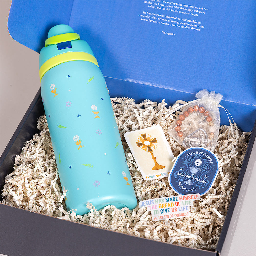 Personalized First Communion Water Bottle & Rosary Gift Set with Stickers