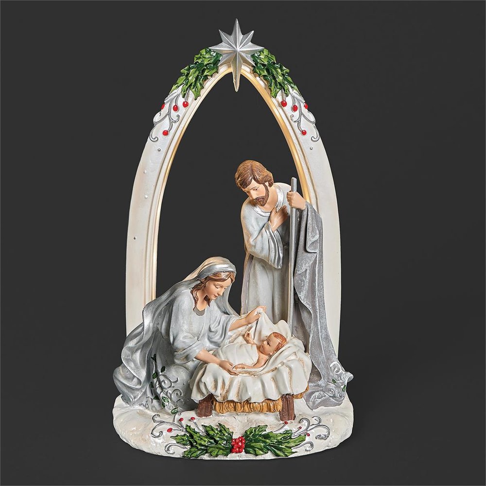 LED Lighted Silver Arch & Holly Berry One-Piece Nativity - 11.5"