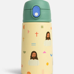 Insulated bottle with a green lid and yellow base decorated with Jesus and shapes.