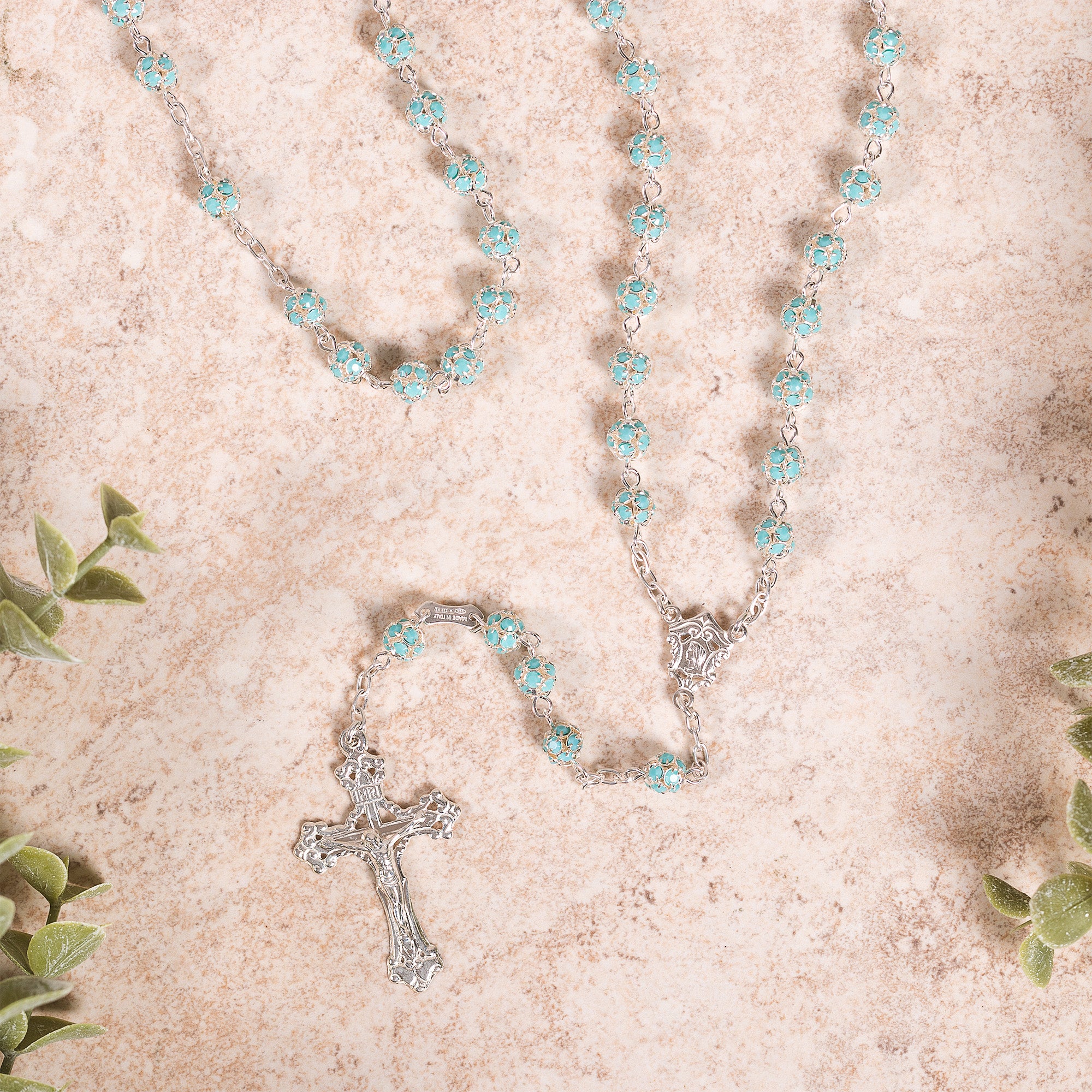 Italian Sterling Aqua Pavé Bead Rosary