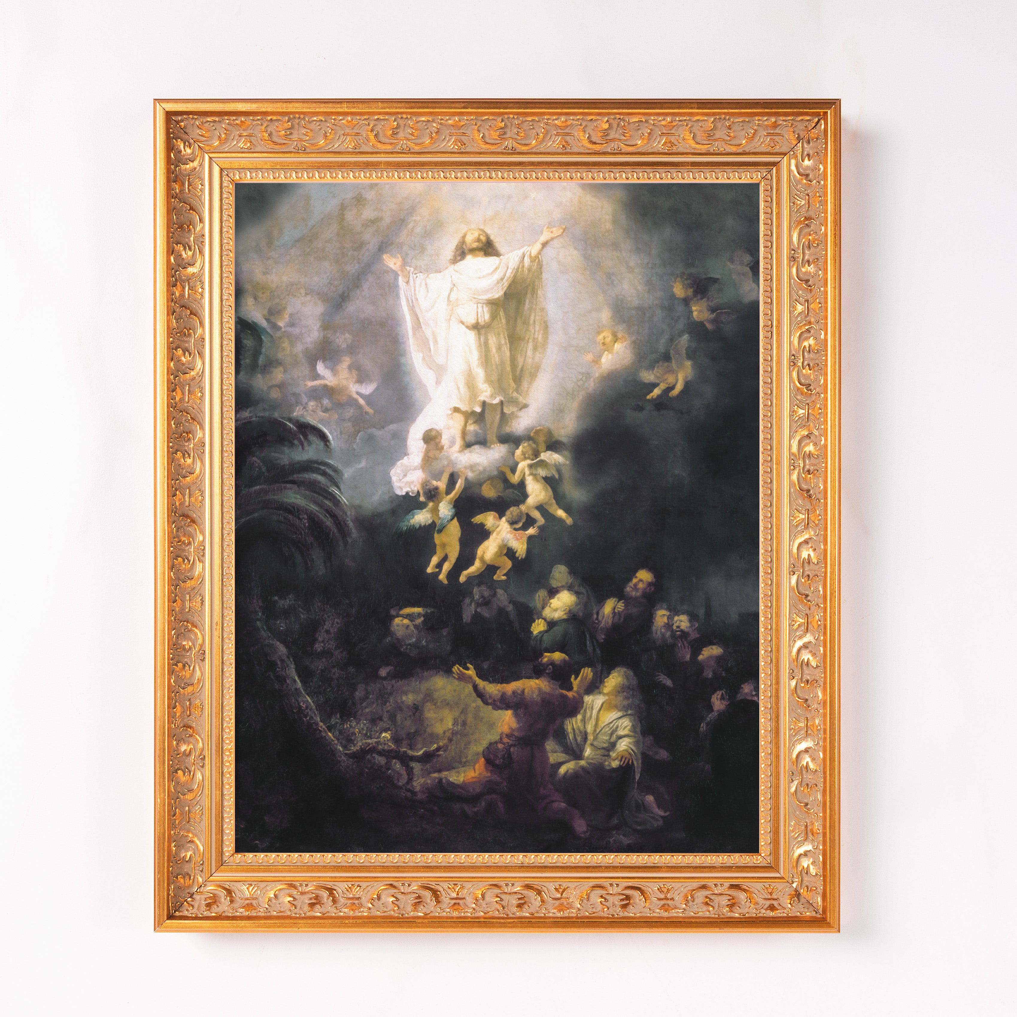 Framed painting. Religious scene in dark tones with gold ornate frame.