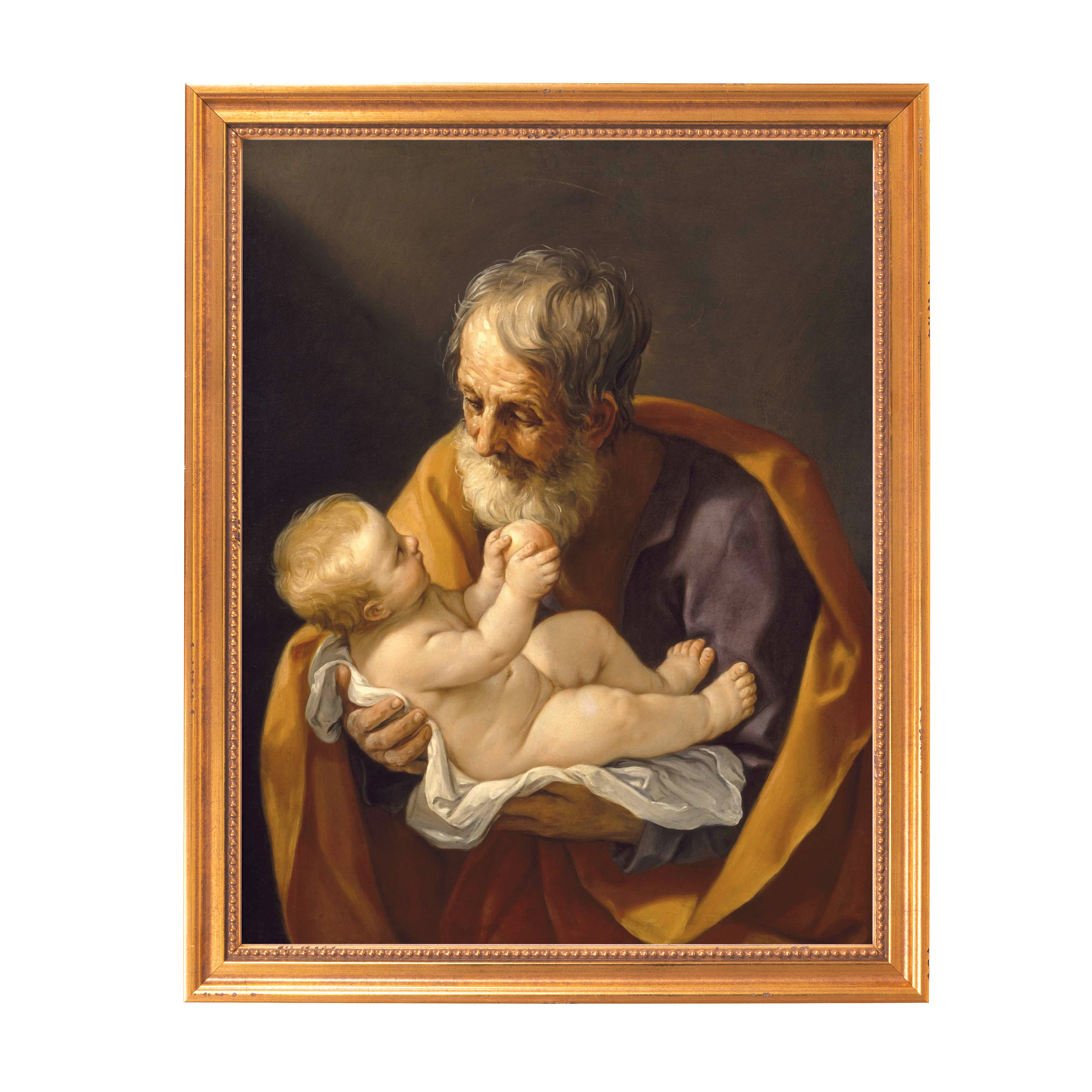 Framed oil painting shows St. Joseph holding baby Jesus, robes are gold and purple, golden frame.
