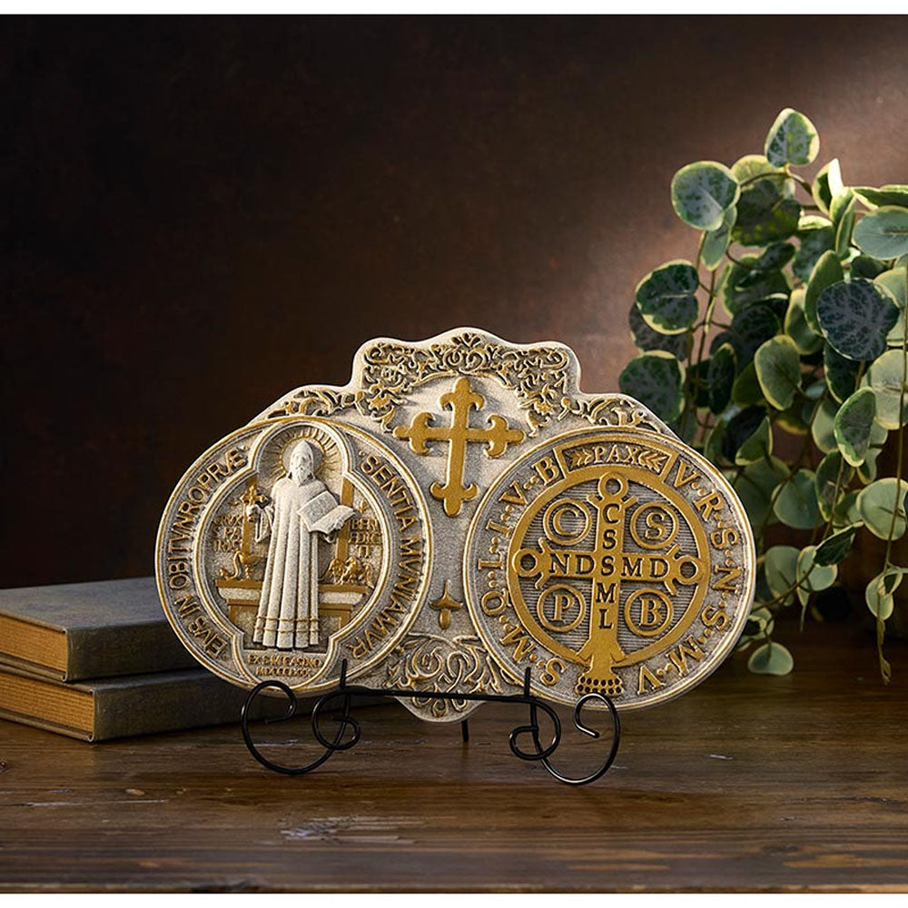 White & Gold St. Benedict Medal Standing Plaque