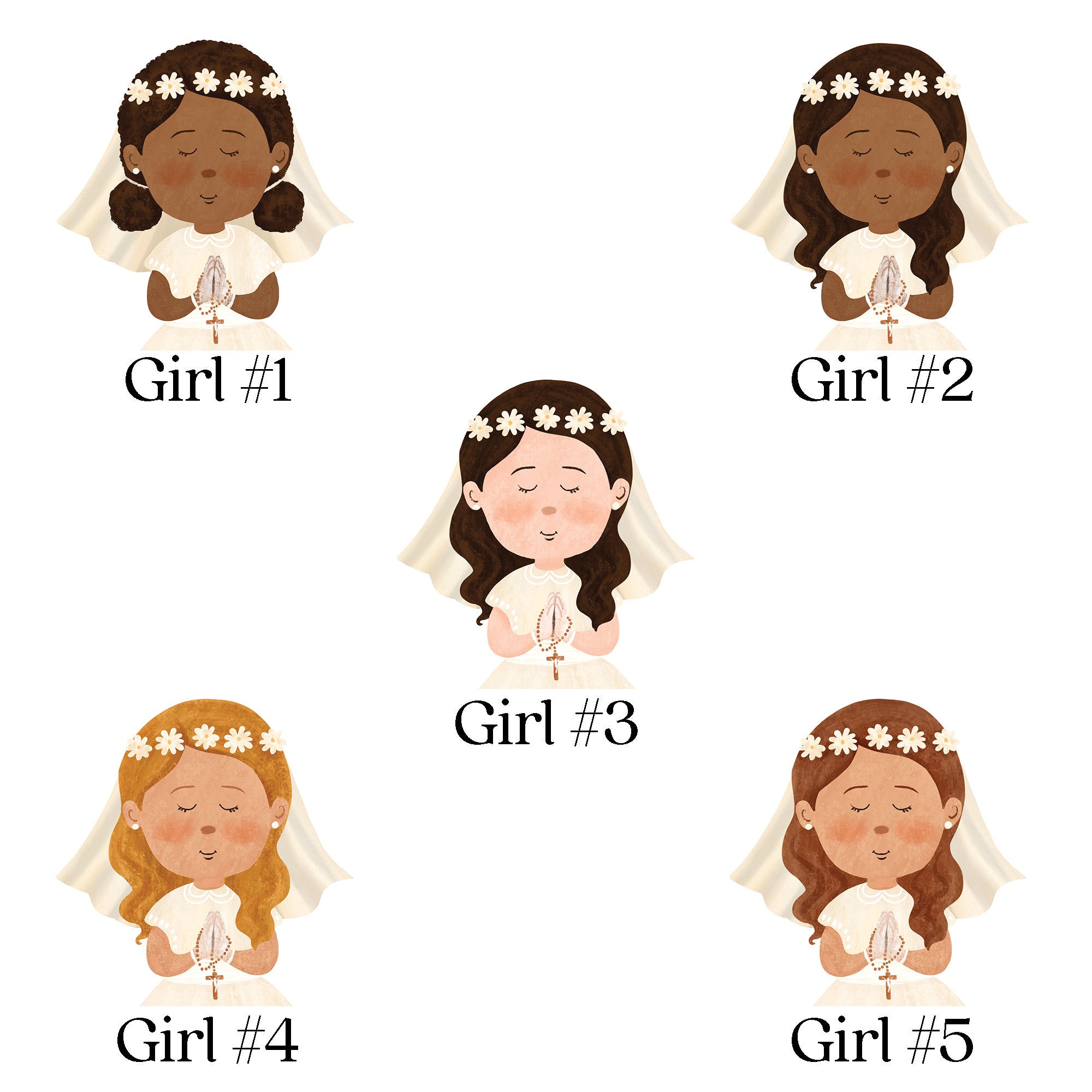 Illustrations Of girls in First Communion attire with rosaries, diverse hair colors and styles.