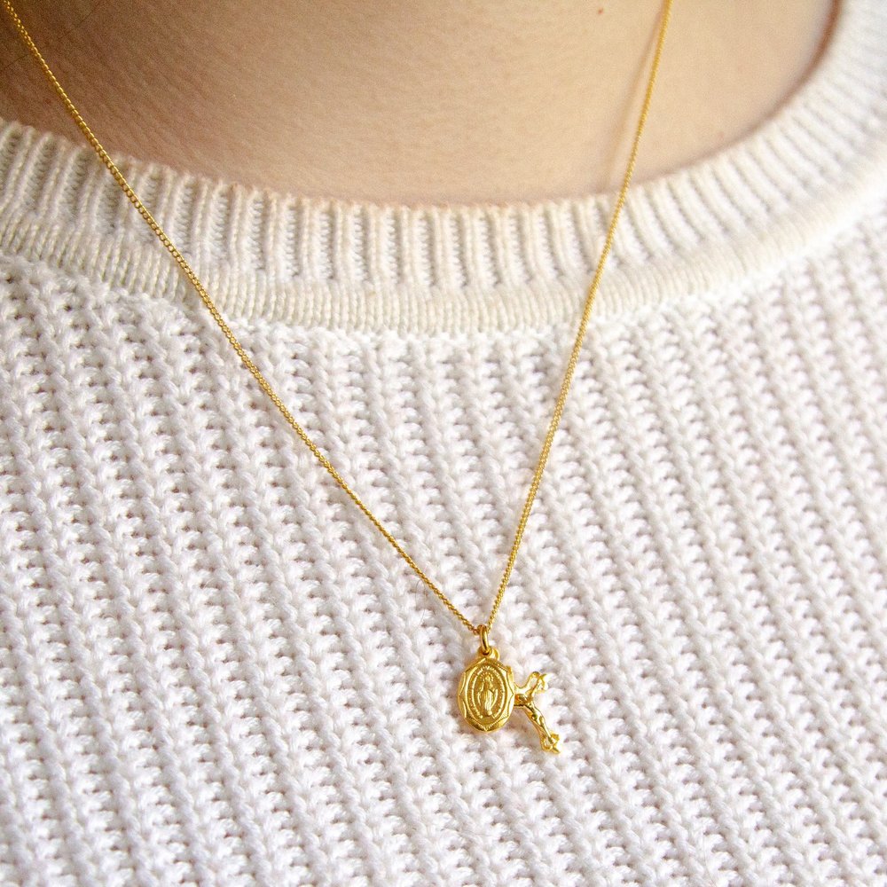 Gold Plated Petite Miraculous Medal & Crucifix Necklace