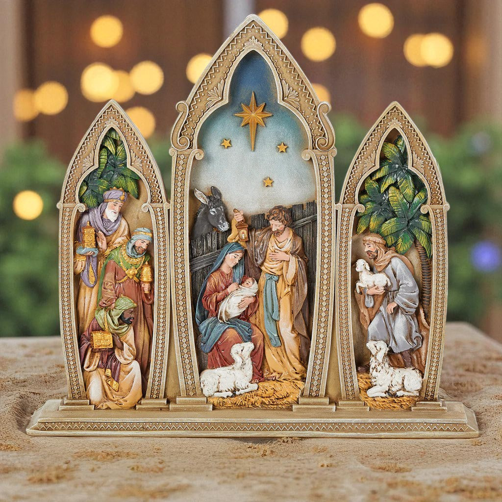 Holy Family Triple Arched One-Piece Nativity - 12"