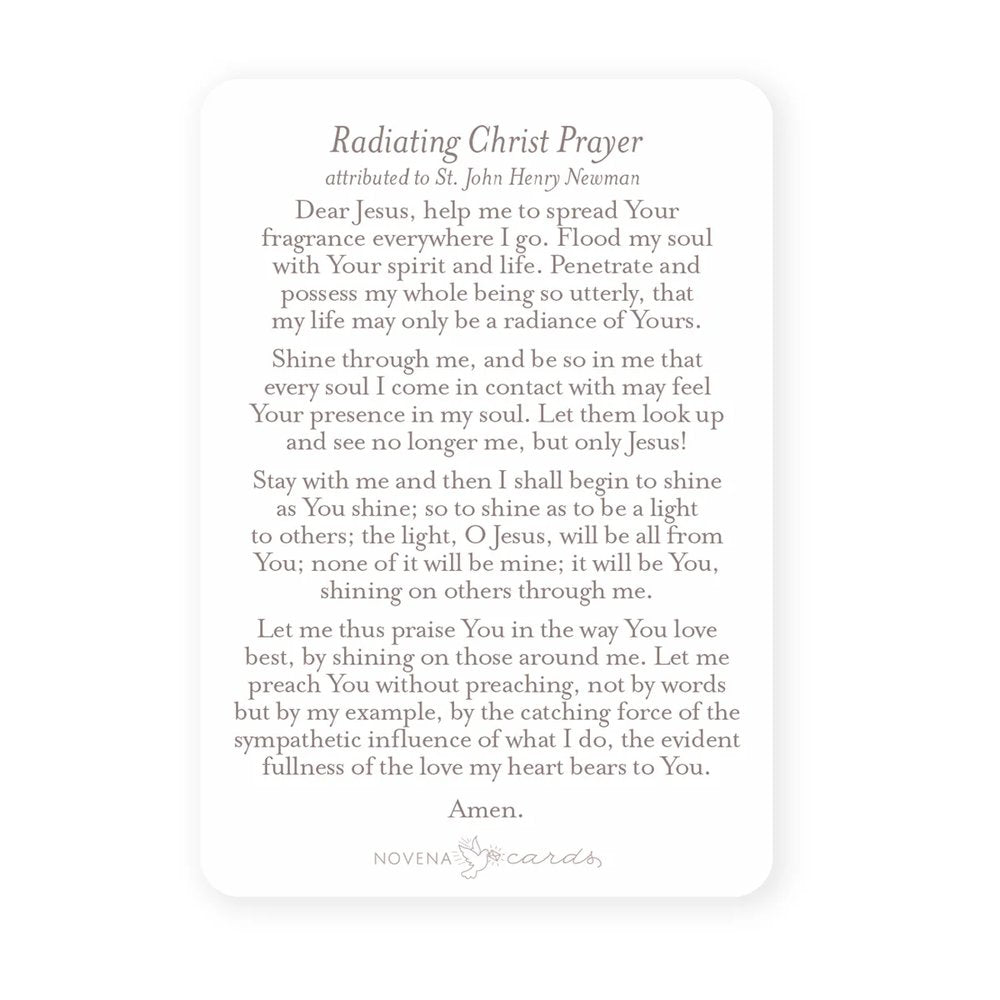 White prayer card featuring the "Radiating Christ Prayer" in a classic, simple style.