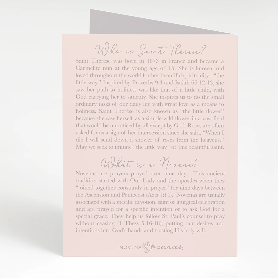 Informational card about Saint Thérèse and novenas, with a light pink background and grey text, simple style.