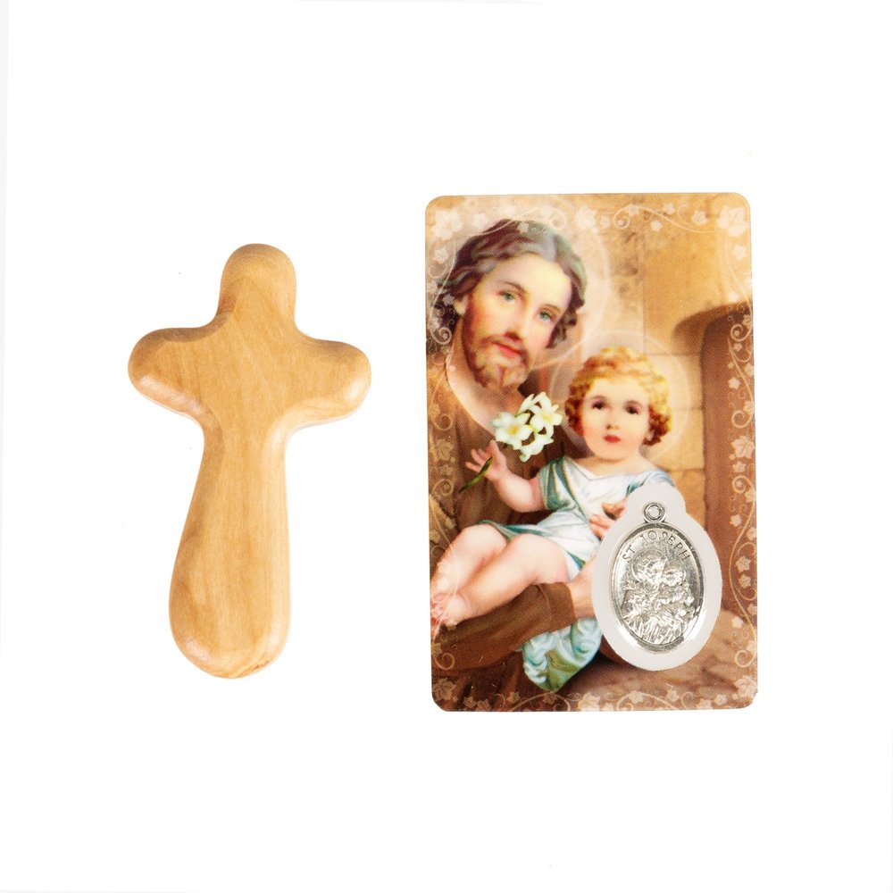 St. Joseph Prayer Card & Olive Wood Comfort Cross Set
