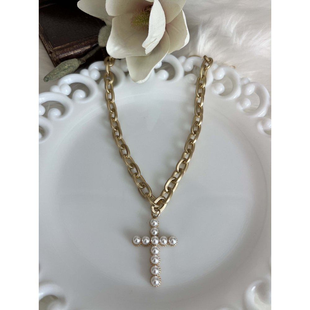 Gold Pearl Cross Chunky Necklace