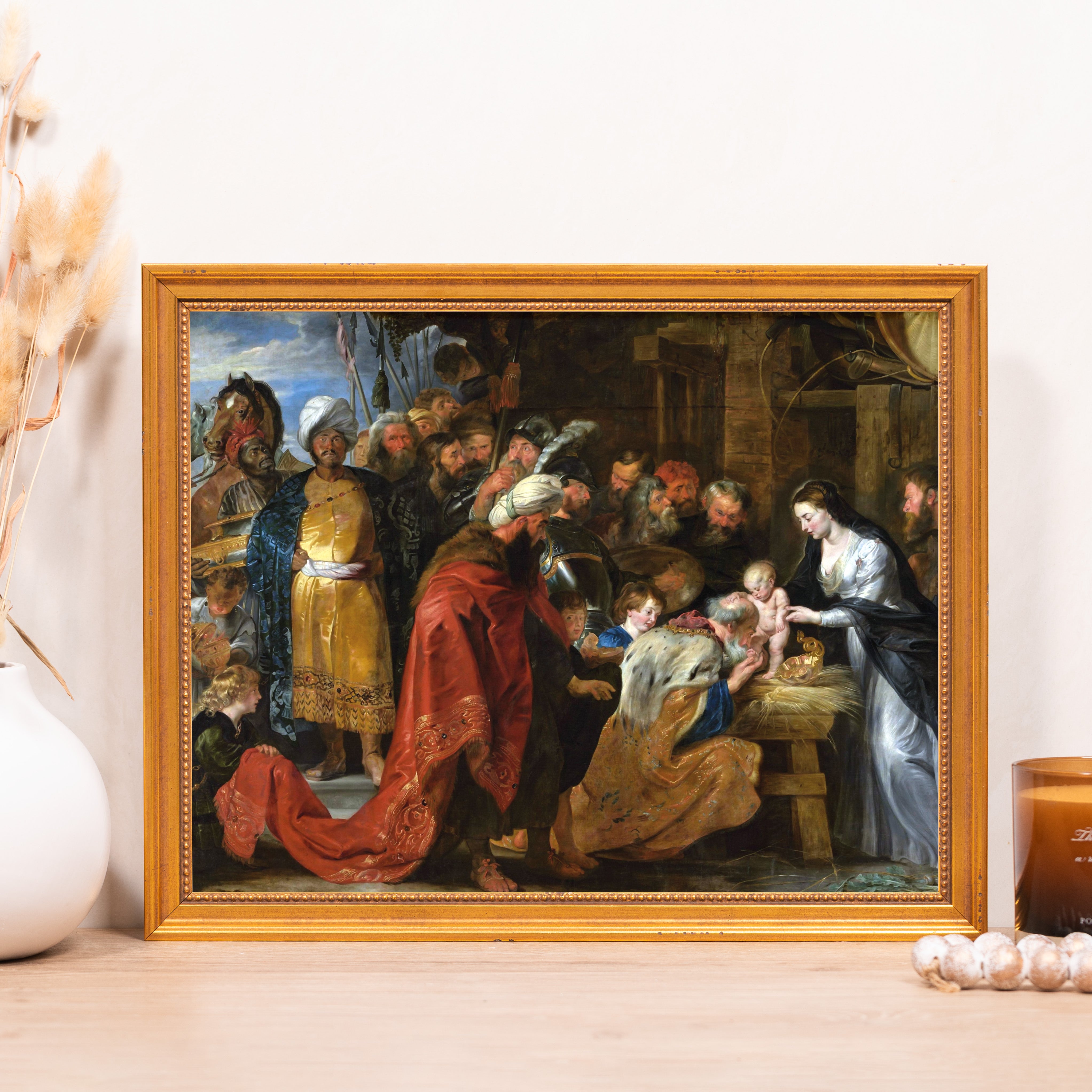 Framed "Adoration of the Magi" print for wall decor, gold frame.