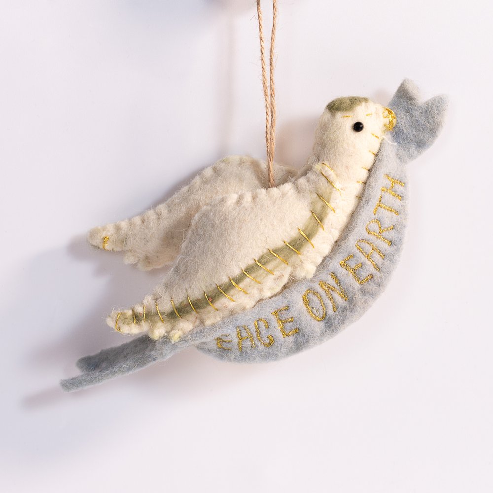 Handmade Wool Felt Dove Ornament with Embroidered Banner
