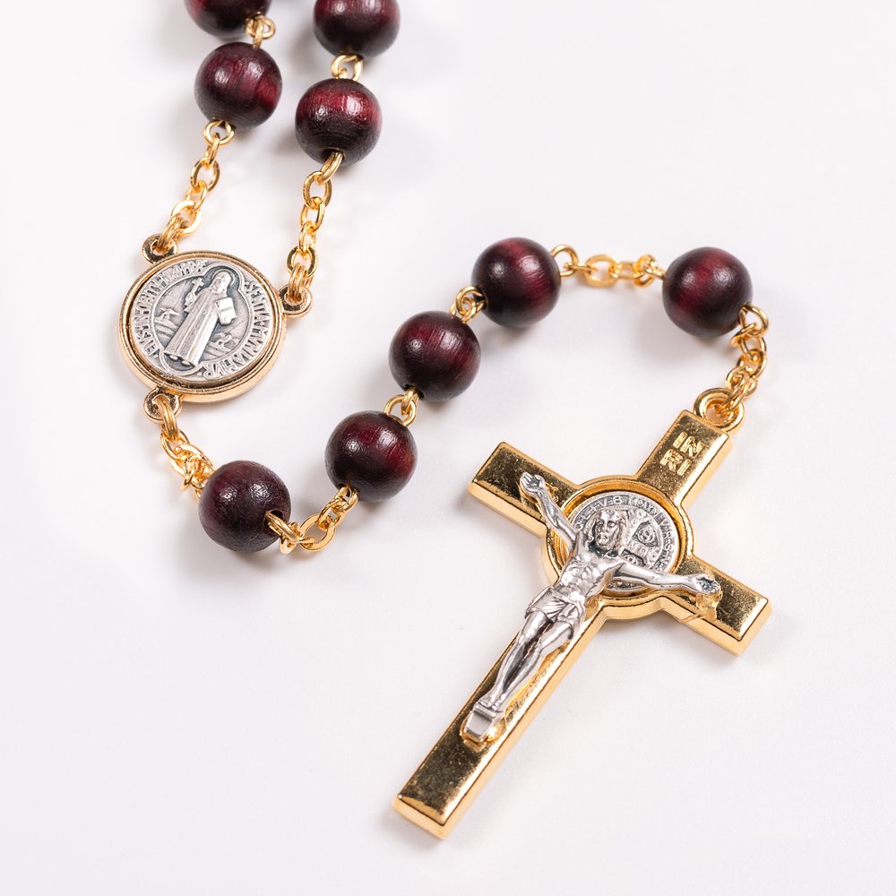Two Tone Mahogany Wood St. Benedict Rosary