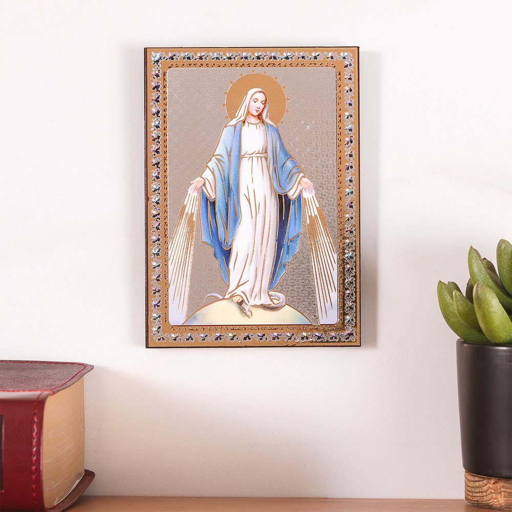 Religious Our Lady of Graces framed print featuring the Virgin Mary in white and blue, with a jeweled gold border.