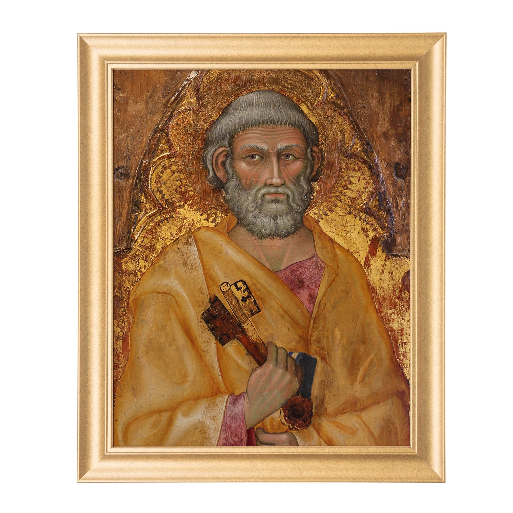 Framed Painting: Saint Peter with Keys in yellow robe, wood, gold leaf background, gold frame.