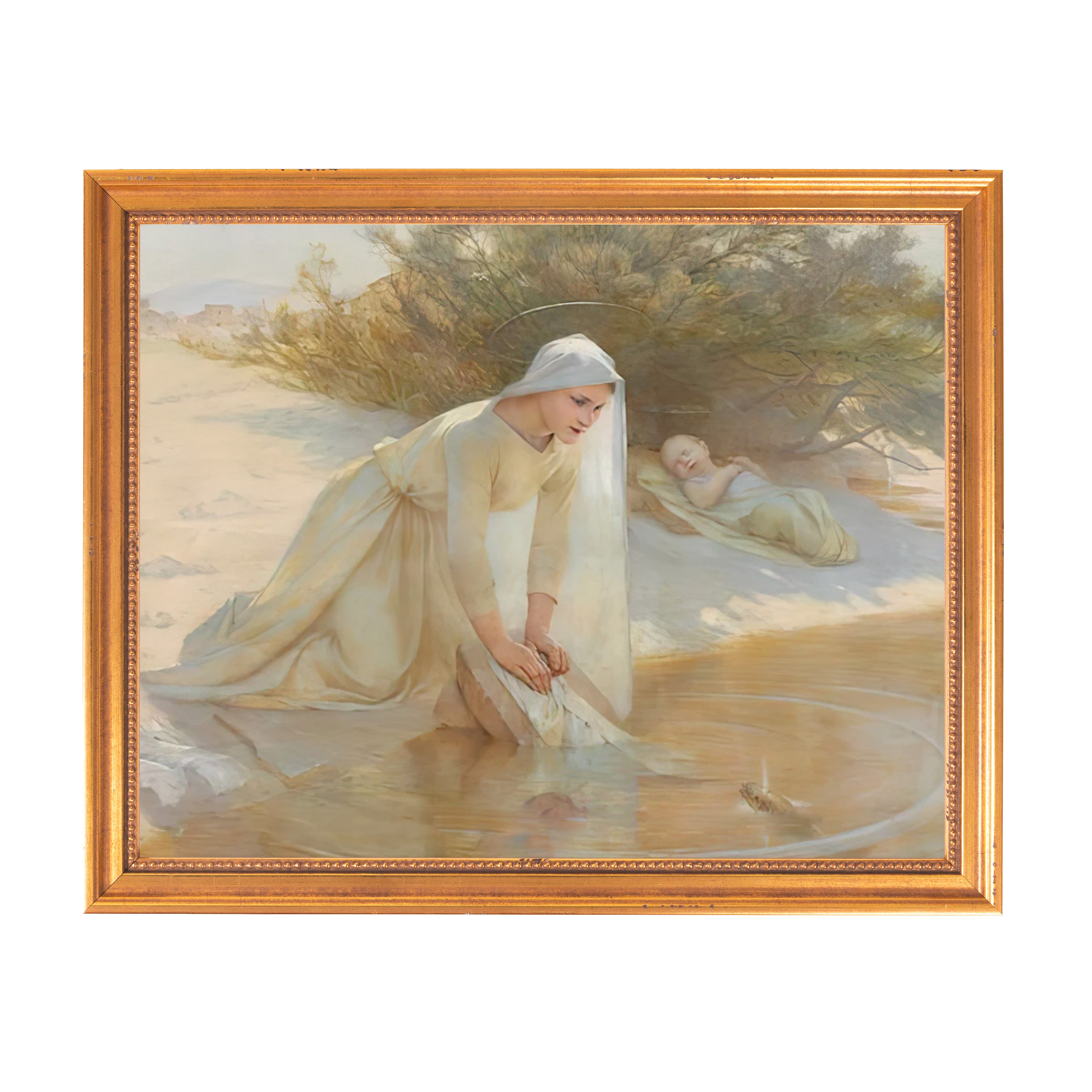 Framed painting depicts a woman washing clothes with a baby resting nearby in an arid landscape.