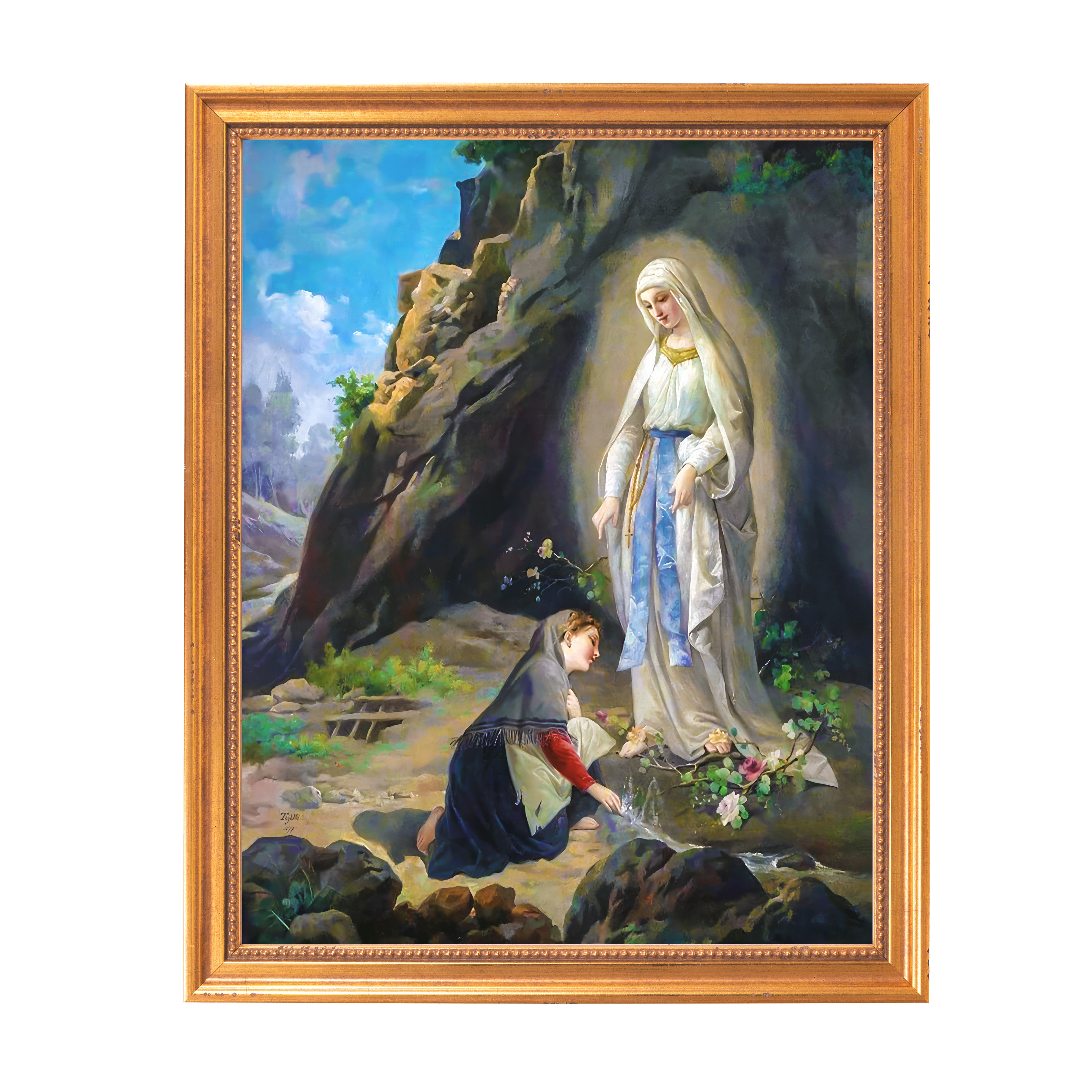 Framed painting depicting a Lourdes apparition scene, featuring Mary and a kneeling woman in a gold frame.