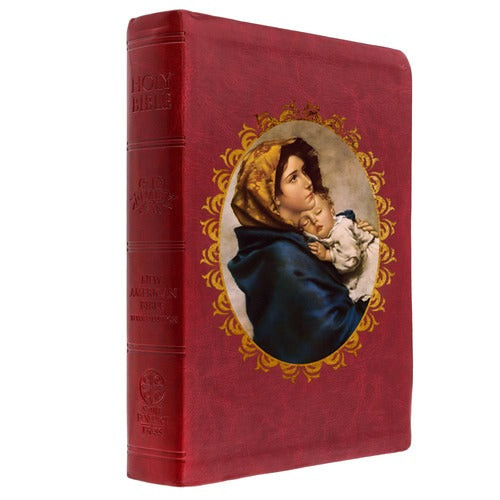 Holy Bible, New American Bible translation, red leatherette cover with Madonna and child image.