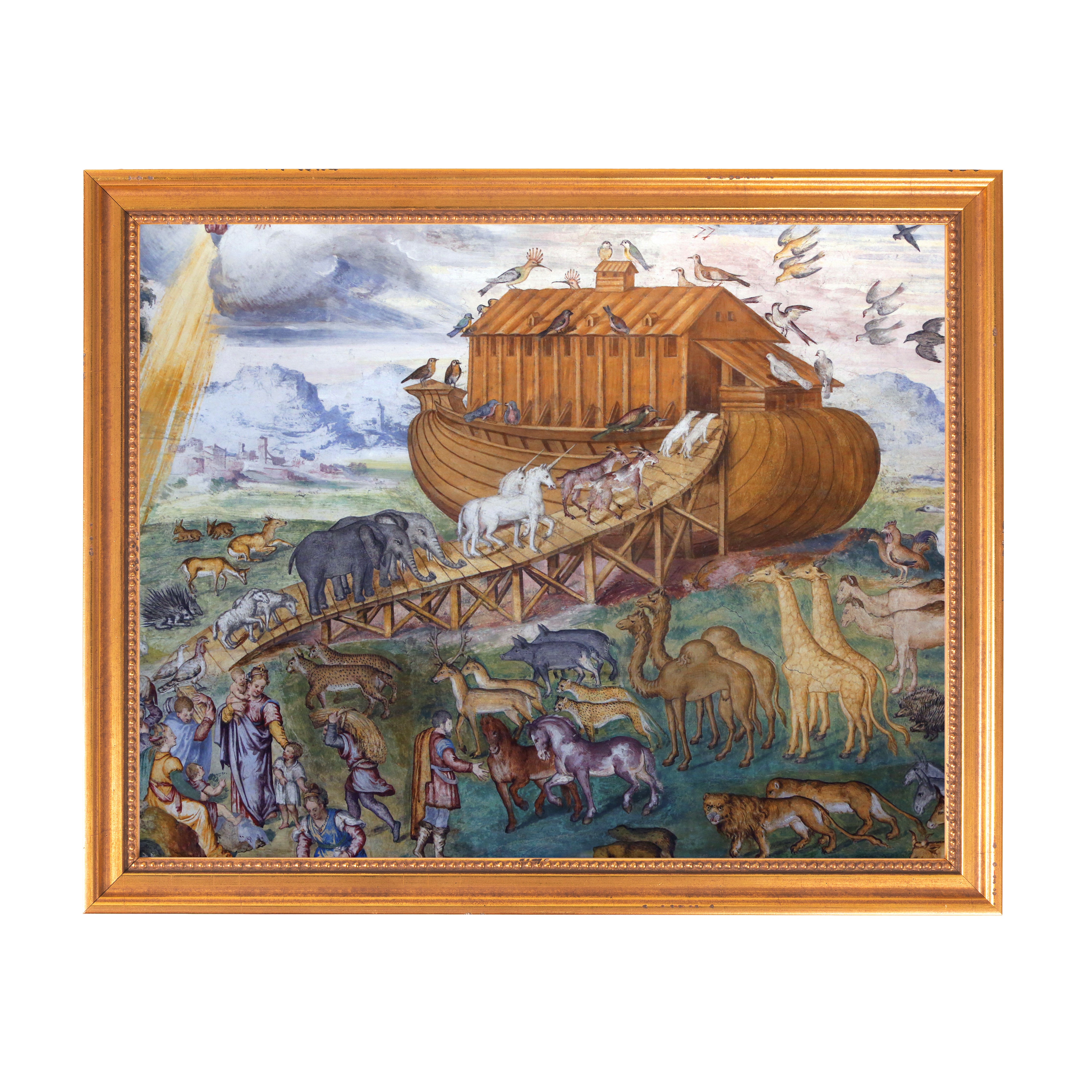 Framed Noah's Ark art print; wood ark and animals in soft colors, set in a gold frame.