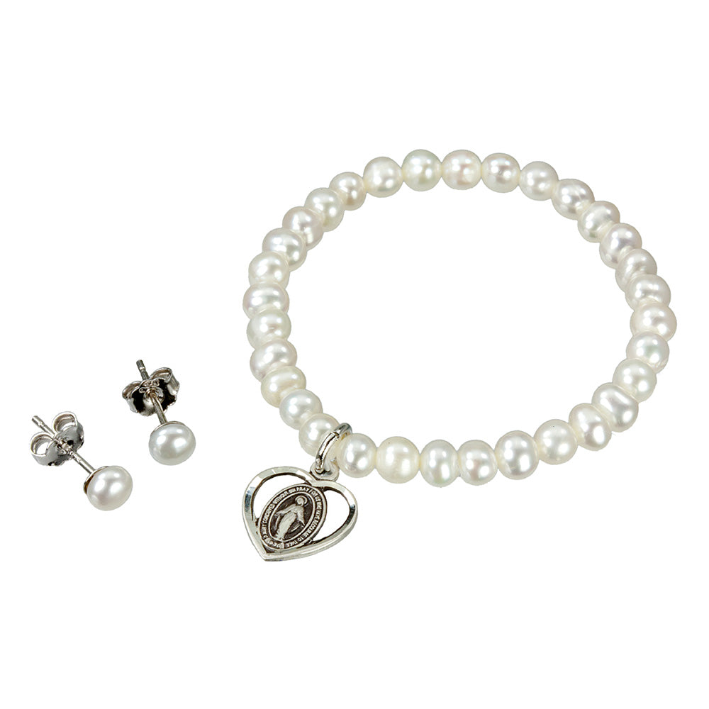 Freshwater Pearl Miraculous Heart Bracelet & Earrings - Set