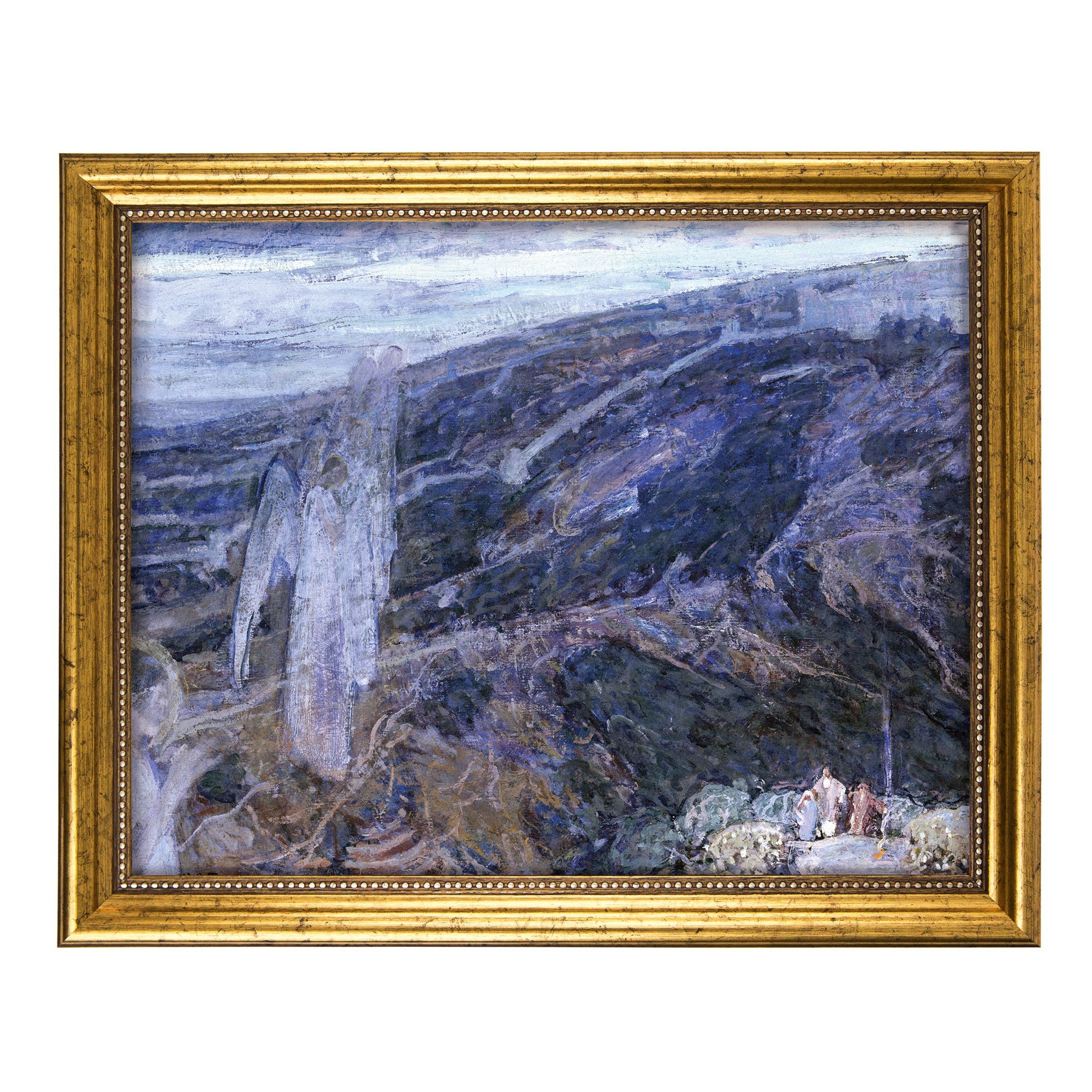 Framed oil painting depicts a blue landscape scene with figures in an ornate gold frame.