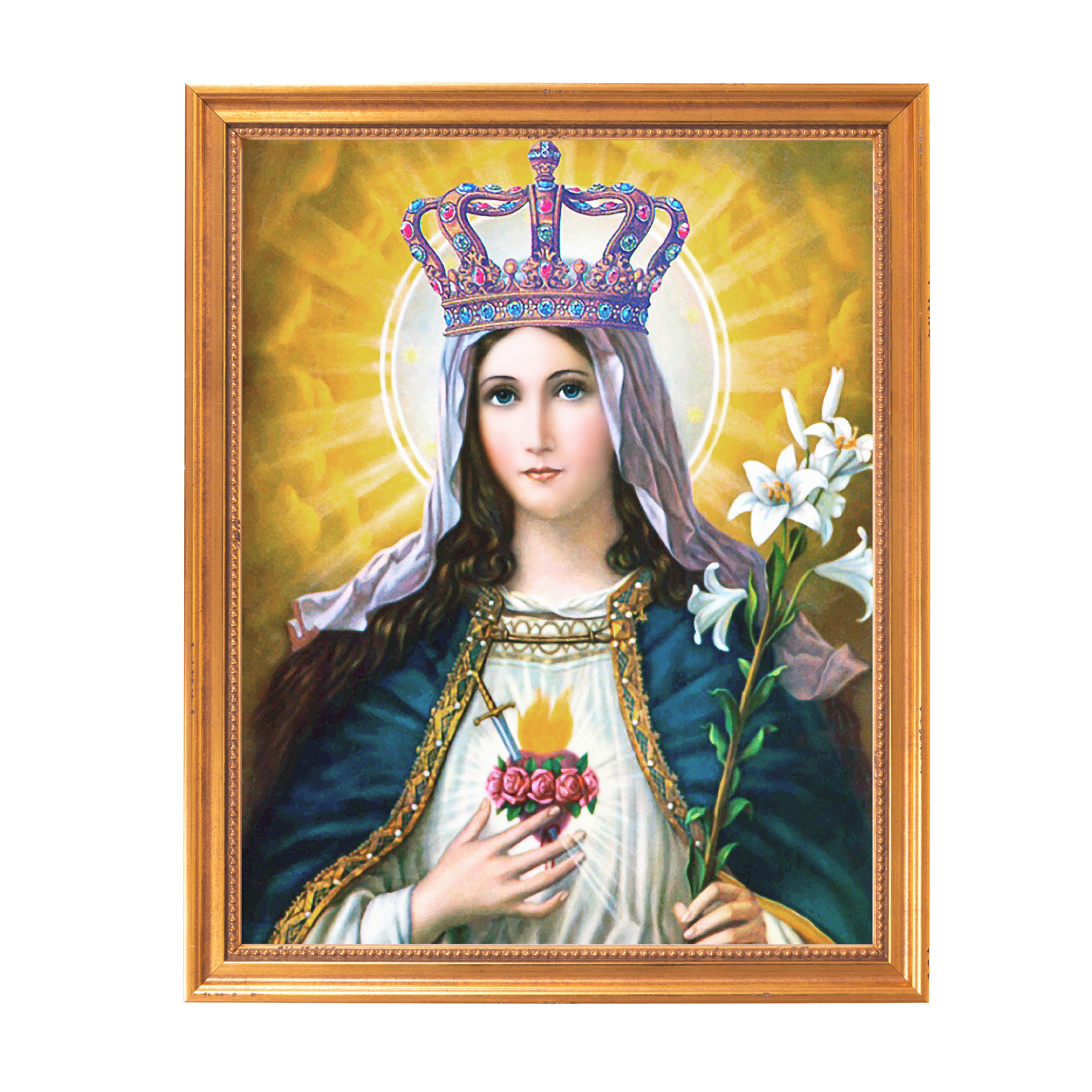 Framed Virgin Mary art print; crown, blue robe, lilies, holding flaming heart.