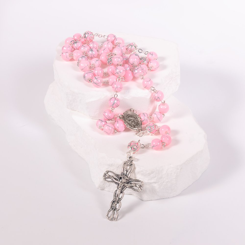 Italian Marbled Silver & Pink Bead Rosary