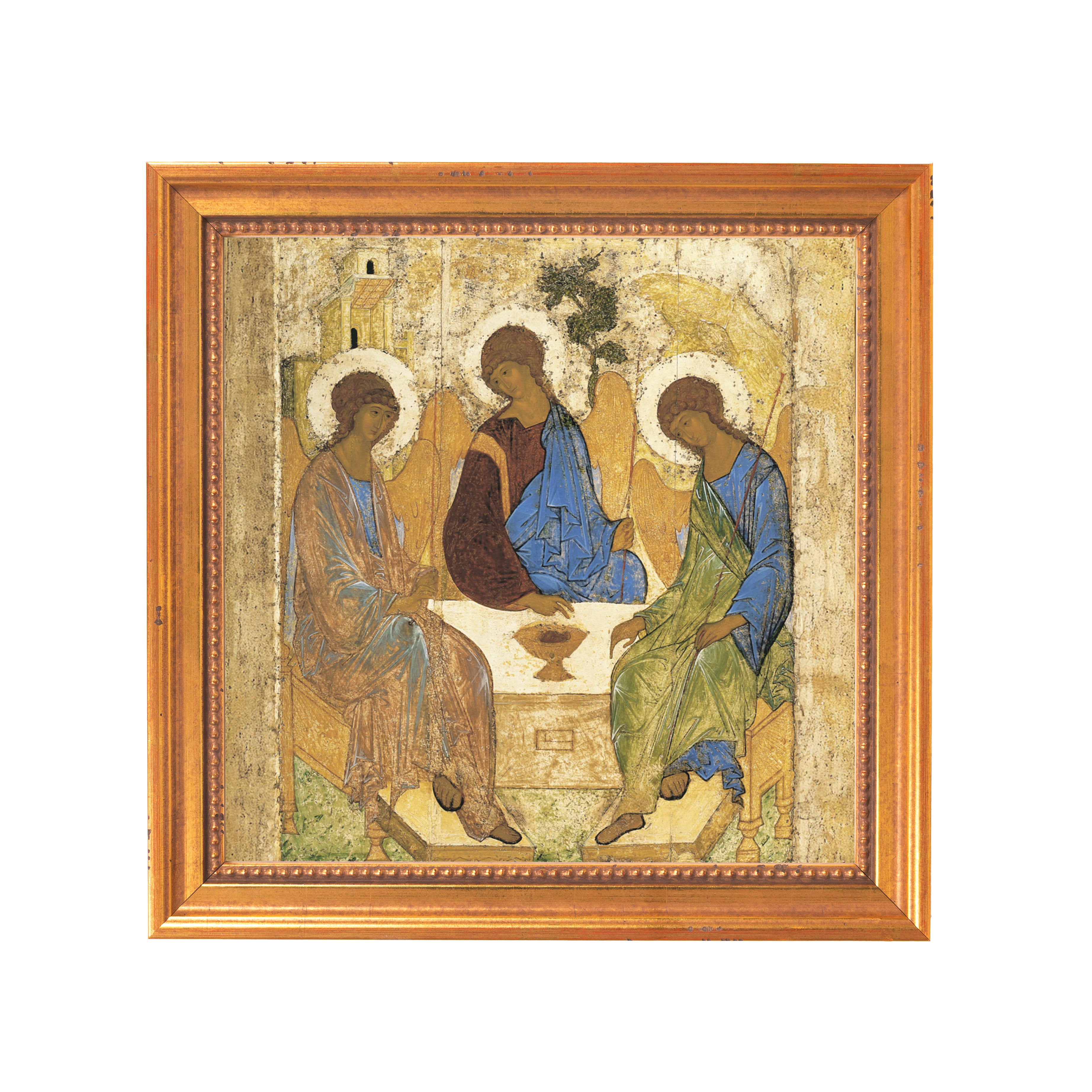 Religious icon art featuring three figures at a table, in muted blue, green and brown, framed in gold wood.