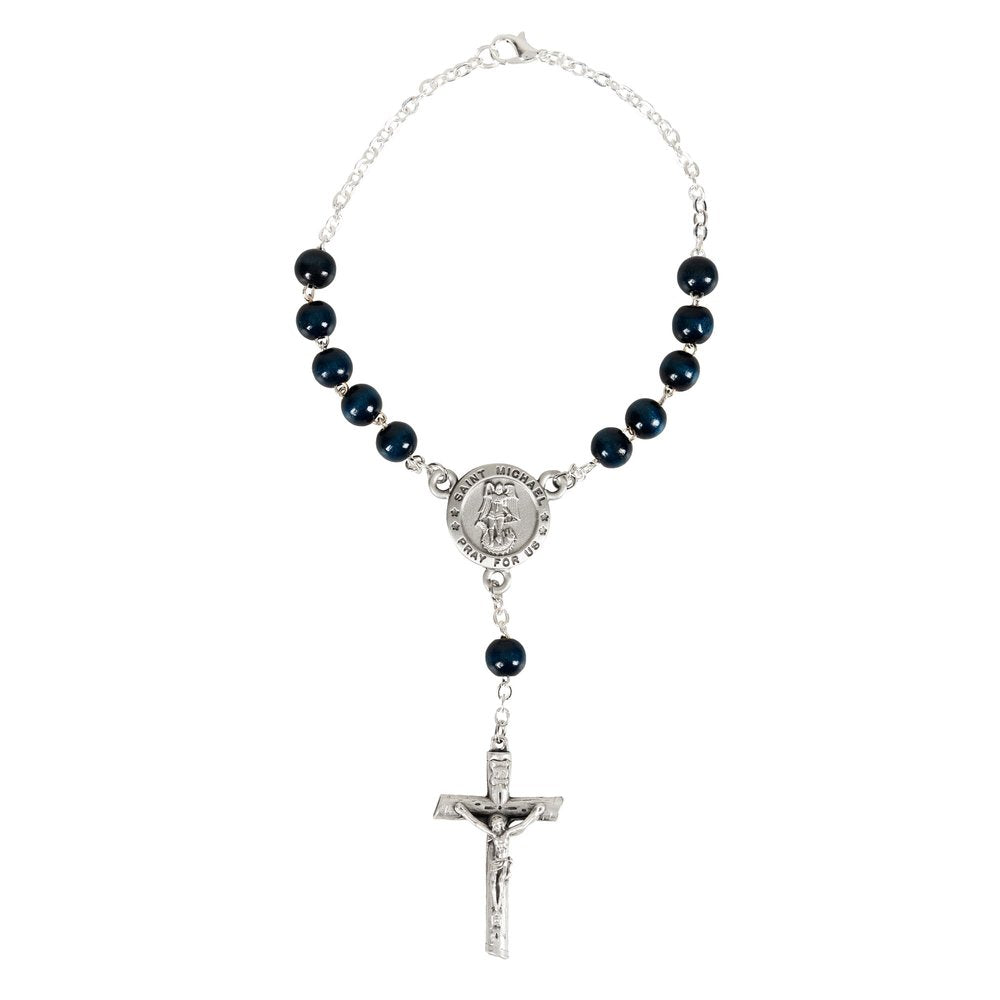 St. Michael Blue Wood Auto Rosary