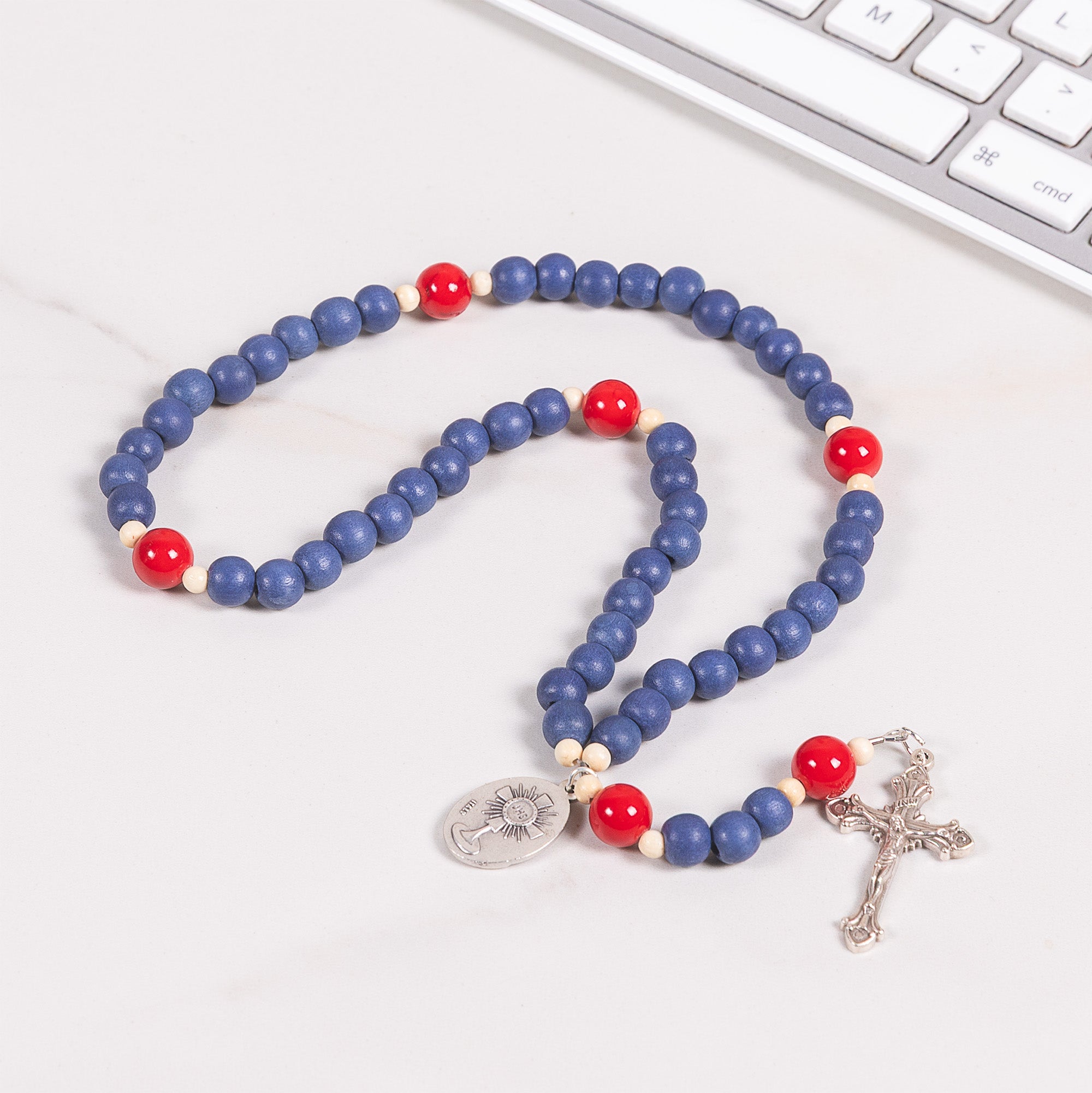 St. Carlo Acutis Blue Wood & Red Mountain Jade Rosary