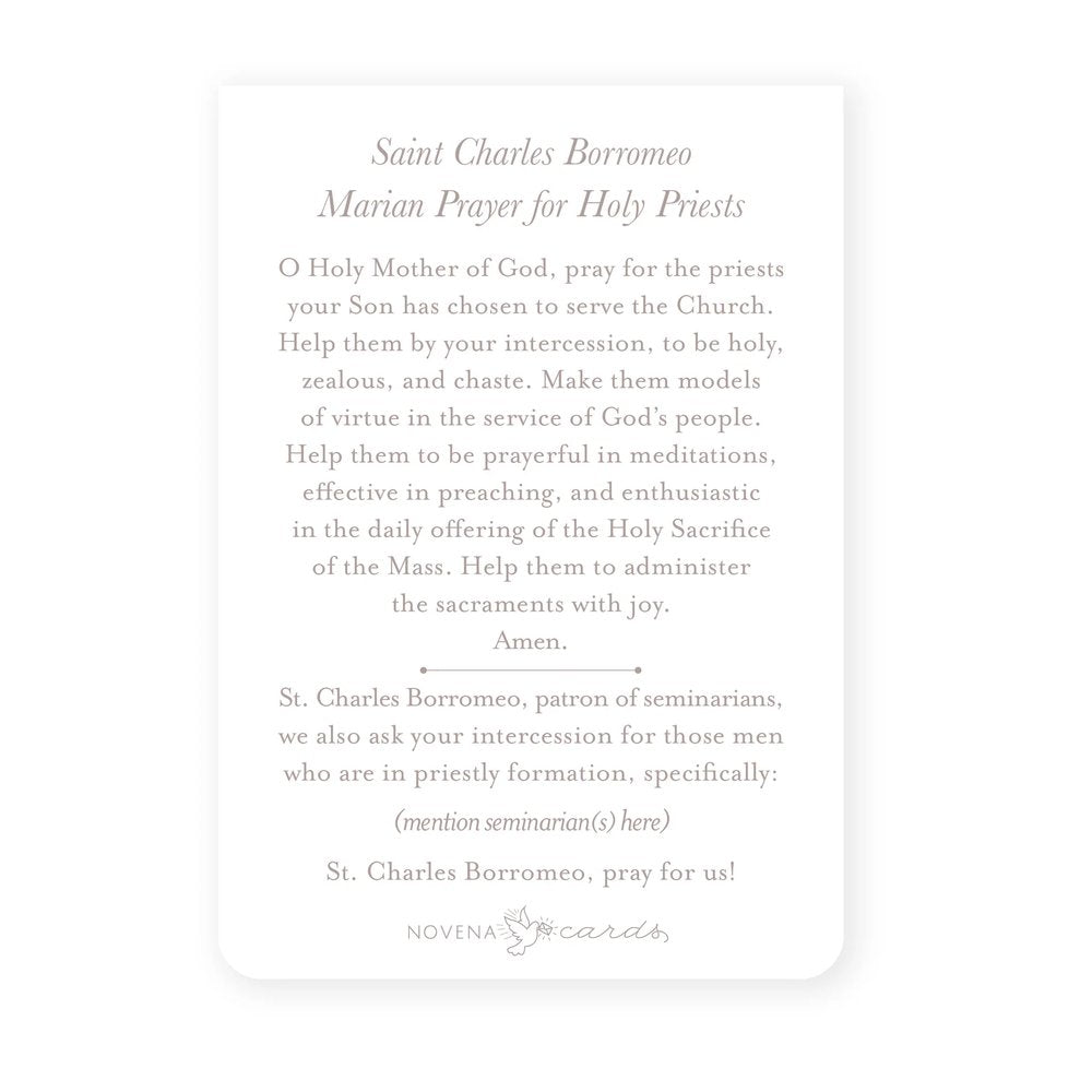 White prayer card featuring the Saint Charles Borromeo Marian Prayer for Holy Priests in gray text.