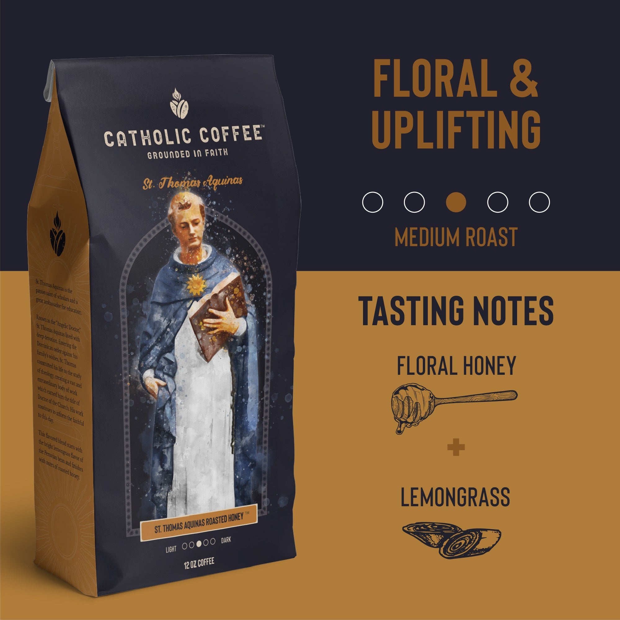 Dark blue bag of Catholic Coffee with St. Thomas Aquinas watercolor illustration, medium roast.