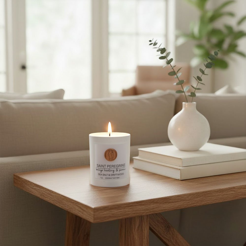 St. Peregrine Healing & Peace Candle - Sea Salt & Driftwood