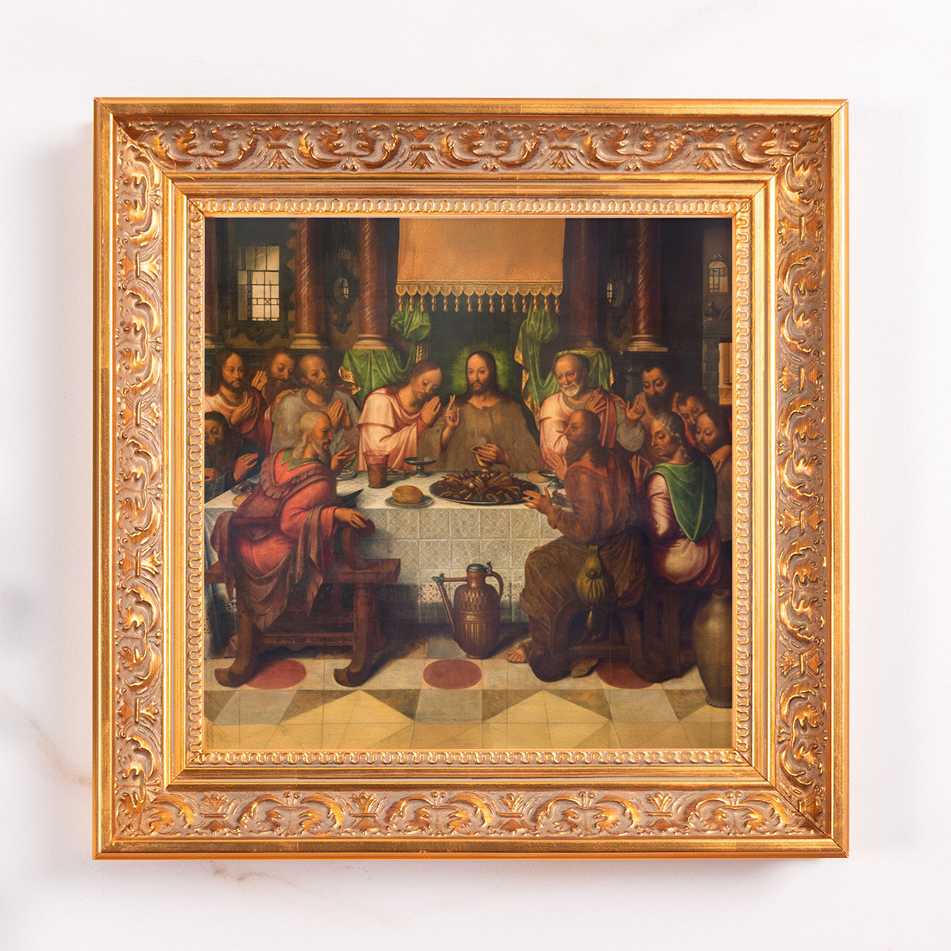 Framed Painting of "The Last Supper" in ornate gold frame, depicting Jesus at a table with his disciples.