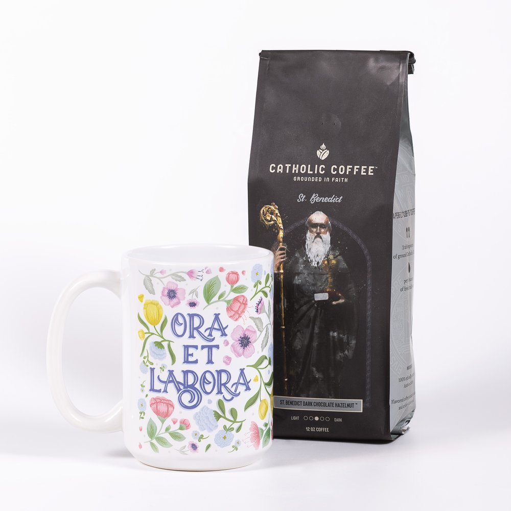St. Benedict Joyful Botanicals Ora Et Labora Mug & Chocolate Hazelnut Coffee Gift Set