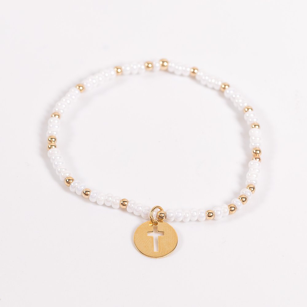 Pearl & Gold Bead Cross Cutout Charm Bracelet