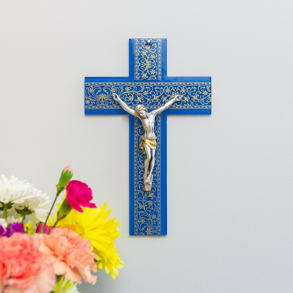 Blue Murano Glass Damask Crucifix