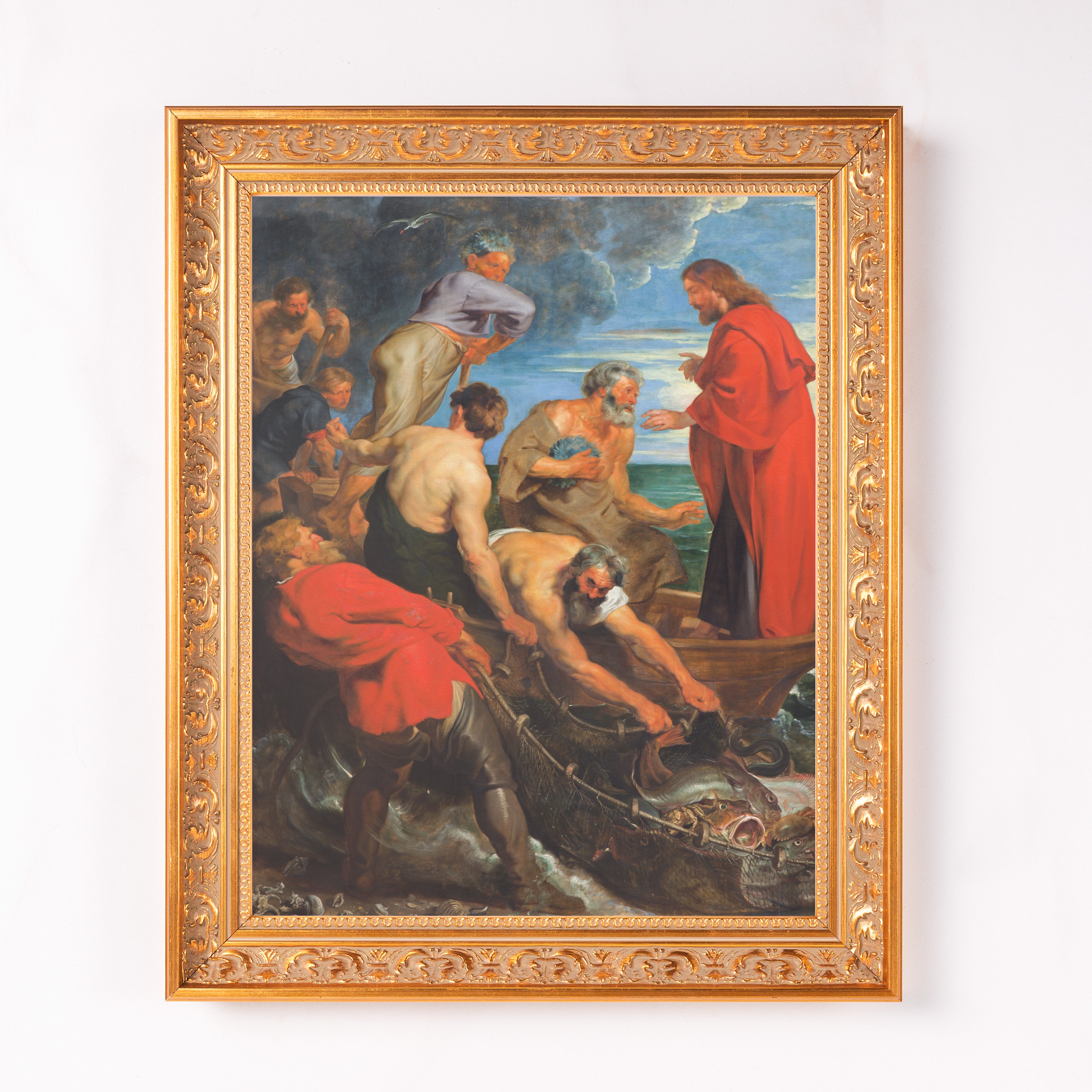 Framed canvas painting depicts a Biblical scene in an ornate gold frame.
