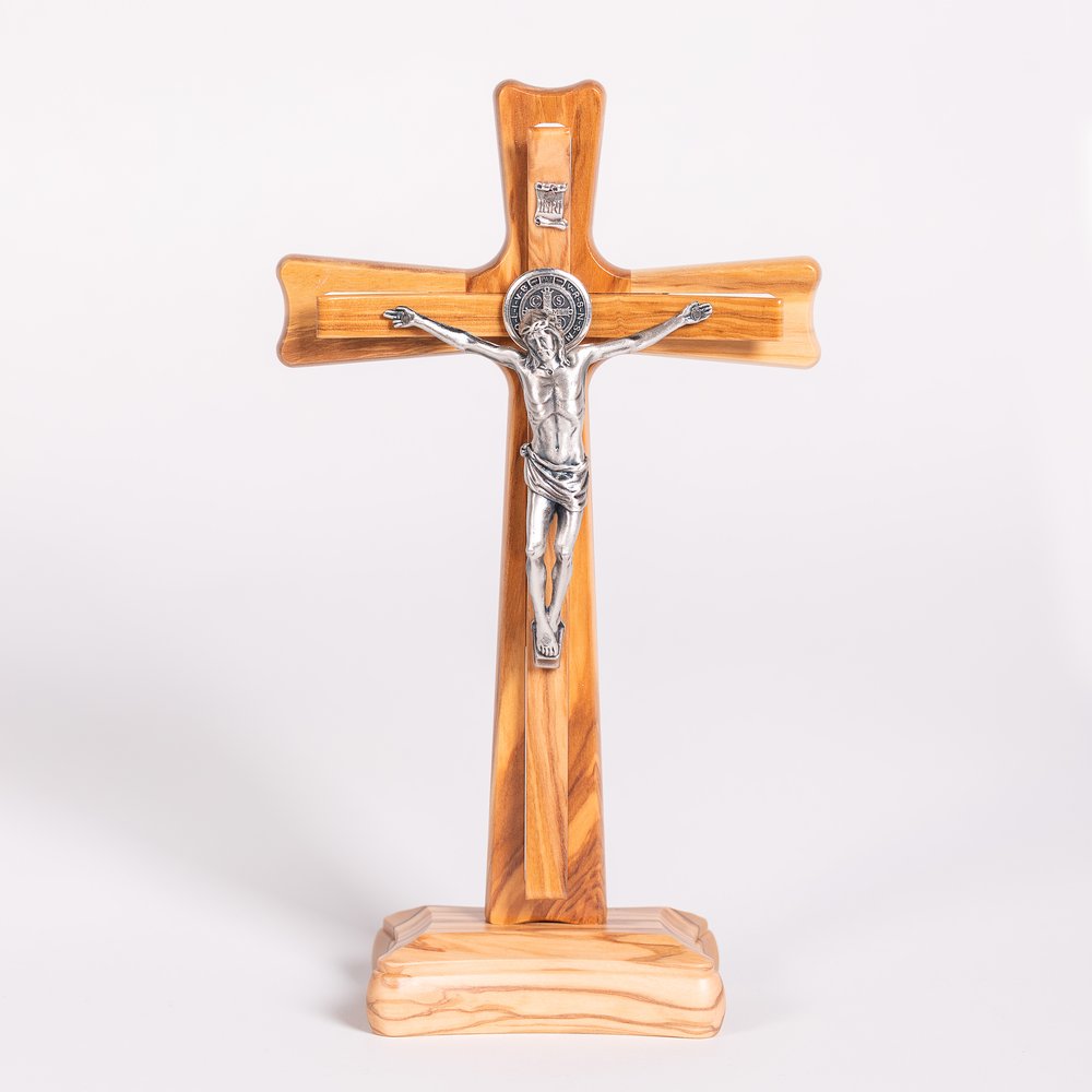 Italian Olive Wood St. Benedict Standing Crucifix - 9"